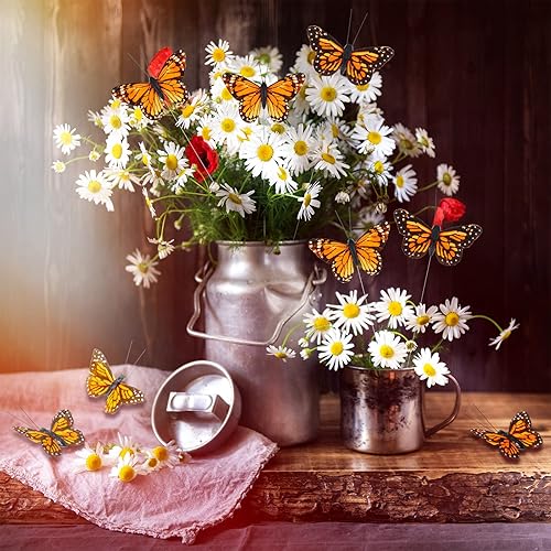 Miniatura 4 de Ysleen Juego de 12 decoraciones de mariposa monarca, mariposas de plumas, selecciones de mariposas para arreglos florales de primavera, mariposa en