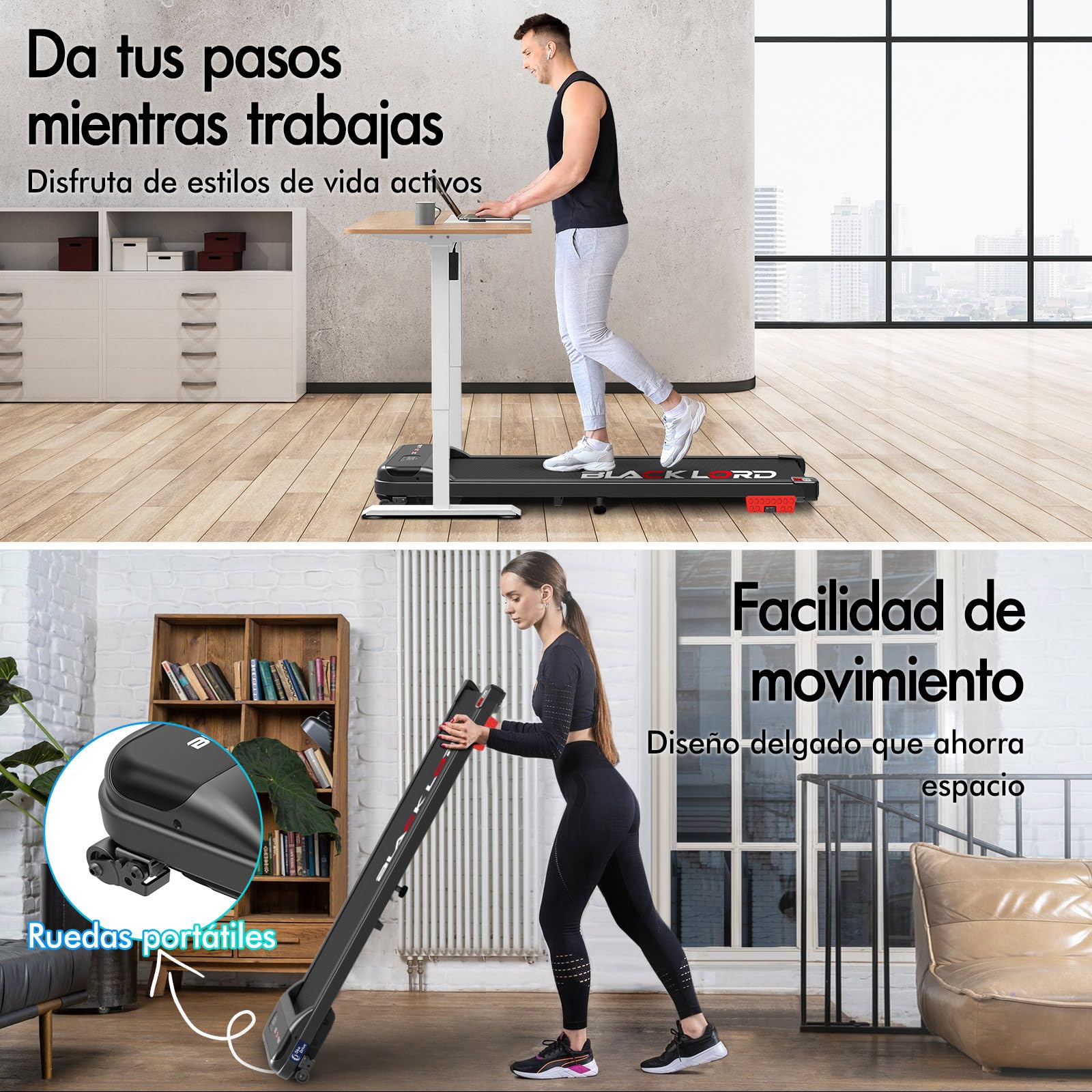 BLACK LORD Cinta de Correr, Walking Pad 9/12/16km/h, Superficie de Carrera con/sin inclinación del 9%, para Debajo del Escritorio, Pantalla LED, portátil,silenciosa,Capacidad de Peso de 120/130/140kg