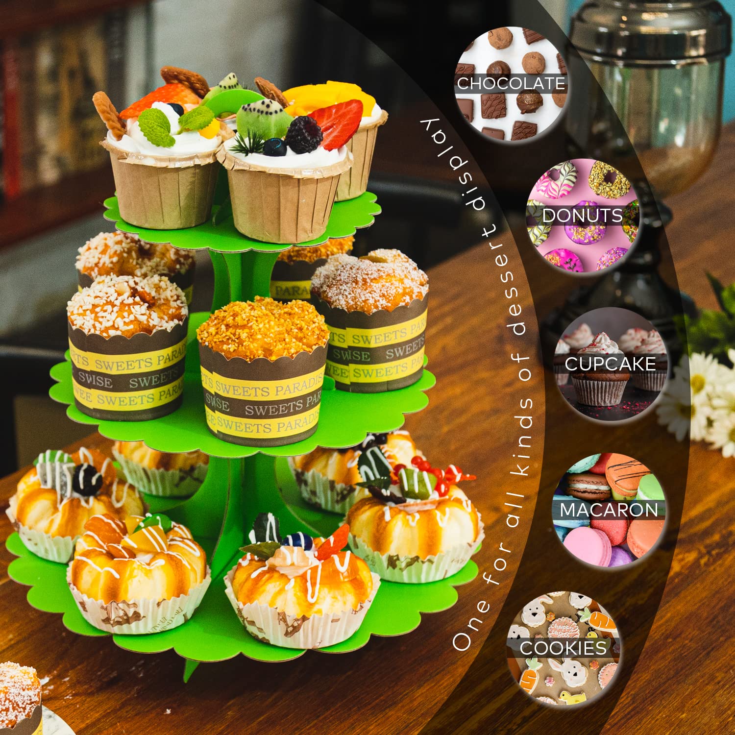 Hippodance Alzata per Torta in Cartone, 3 Ripiani Cupcake Supporti per Tè Pomeridiano, Espositore per Dolci e Cupcake per Frutta, Cibo,Crostata Uova,Forniture Feste di Compleanno