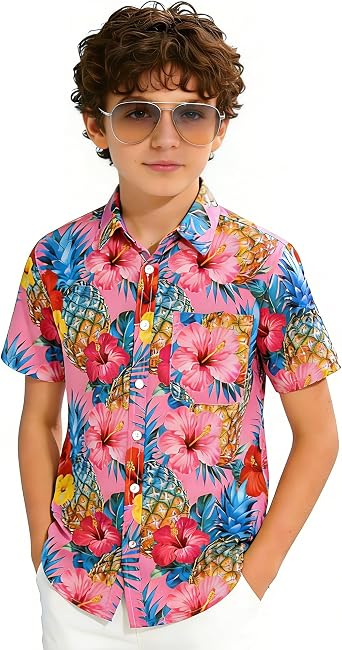 ROSEGIN Boys Hawaiian Shirts Short Sleeve Tropical Button Down Kids Luau Beach Aloha Shirt Wrinkle Free for 6-14 Years