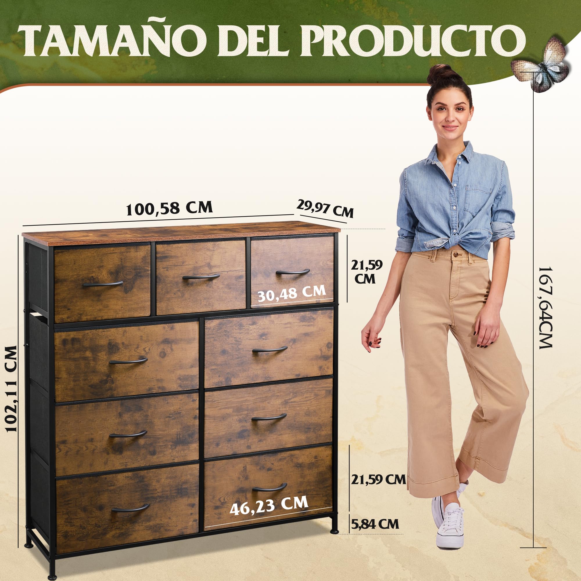 WLIVE Cómoda de 9 Cajones, Gabinete con Parte Superior de Madera y Estructura de Acero para Dormitorio, Sala de Estar, Pasillo, Madera Rústica