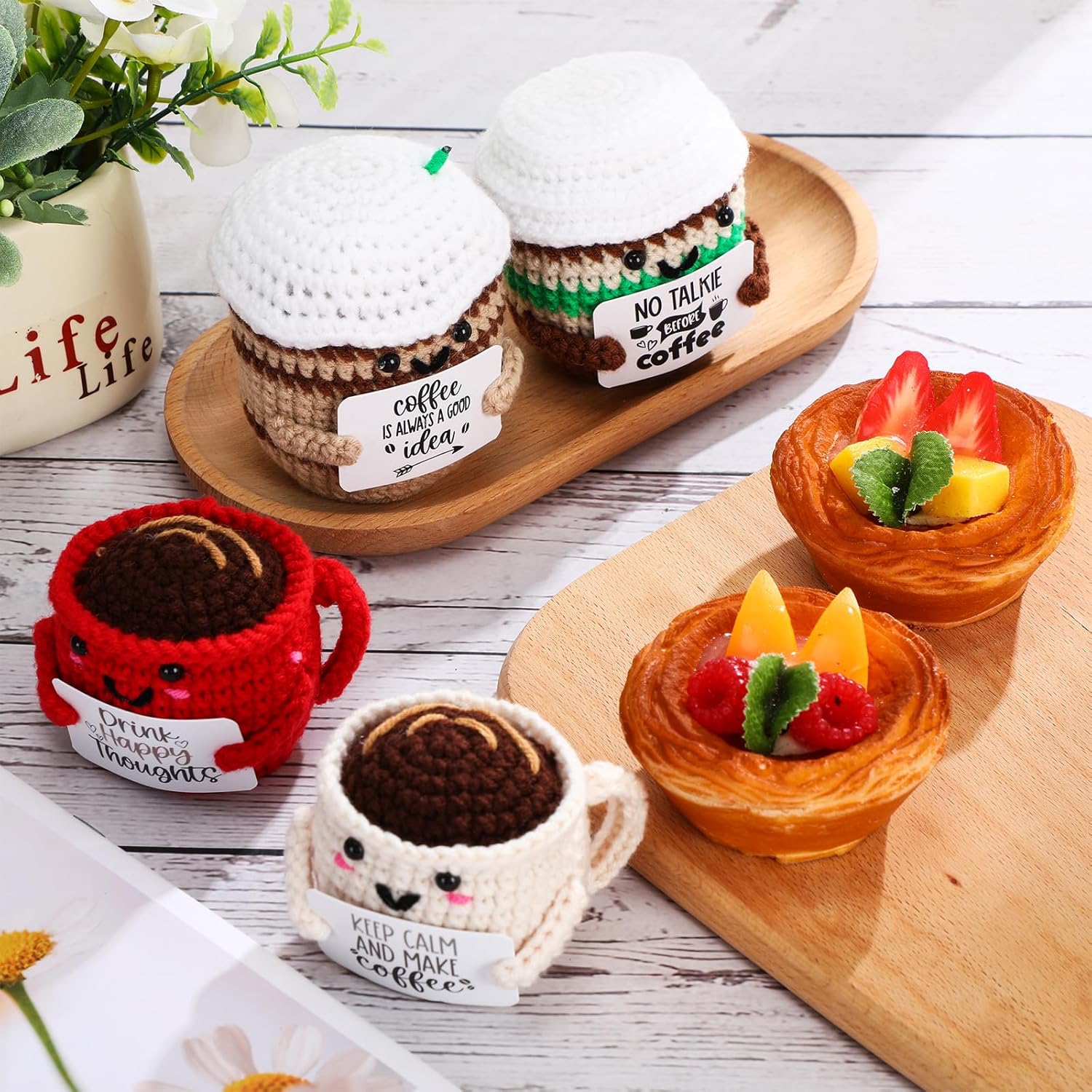 HyDren 12 Pcs Handmade Coffee Lovers Gifts Bulk Motivational Crochet Coffee Cup Plush Dolls with Positive Quotes for Women Men Coworkers Friend Office Home Desk Decor Birthday Holiday Party Favor