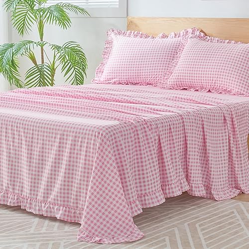 Gingham Queen Sheet Set, Lightweight Super Soft Brushed Microfiber Plaid Bed Sheets with 16" Deep Pocket, 4 Piece Ruffle Farmhouse Bedroom Decor, Pink