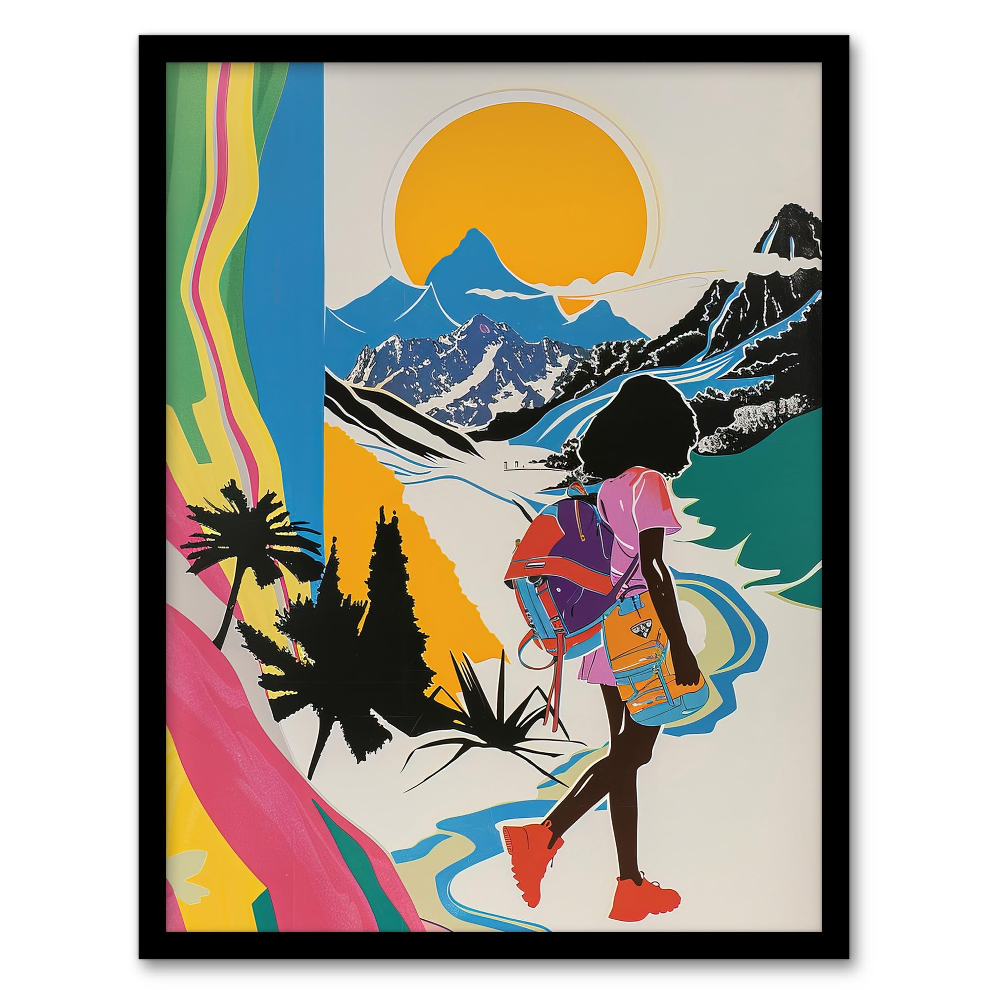 Artery8 Hiker Bright Sun Mountains Abstract Colourful Wall Art PrintA4 Size from B&Q
