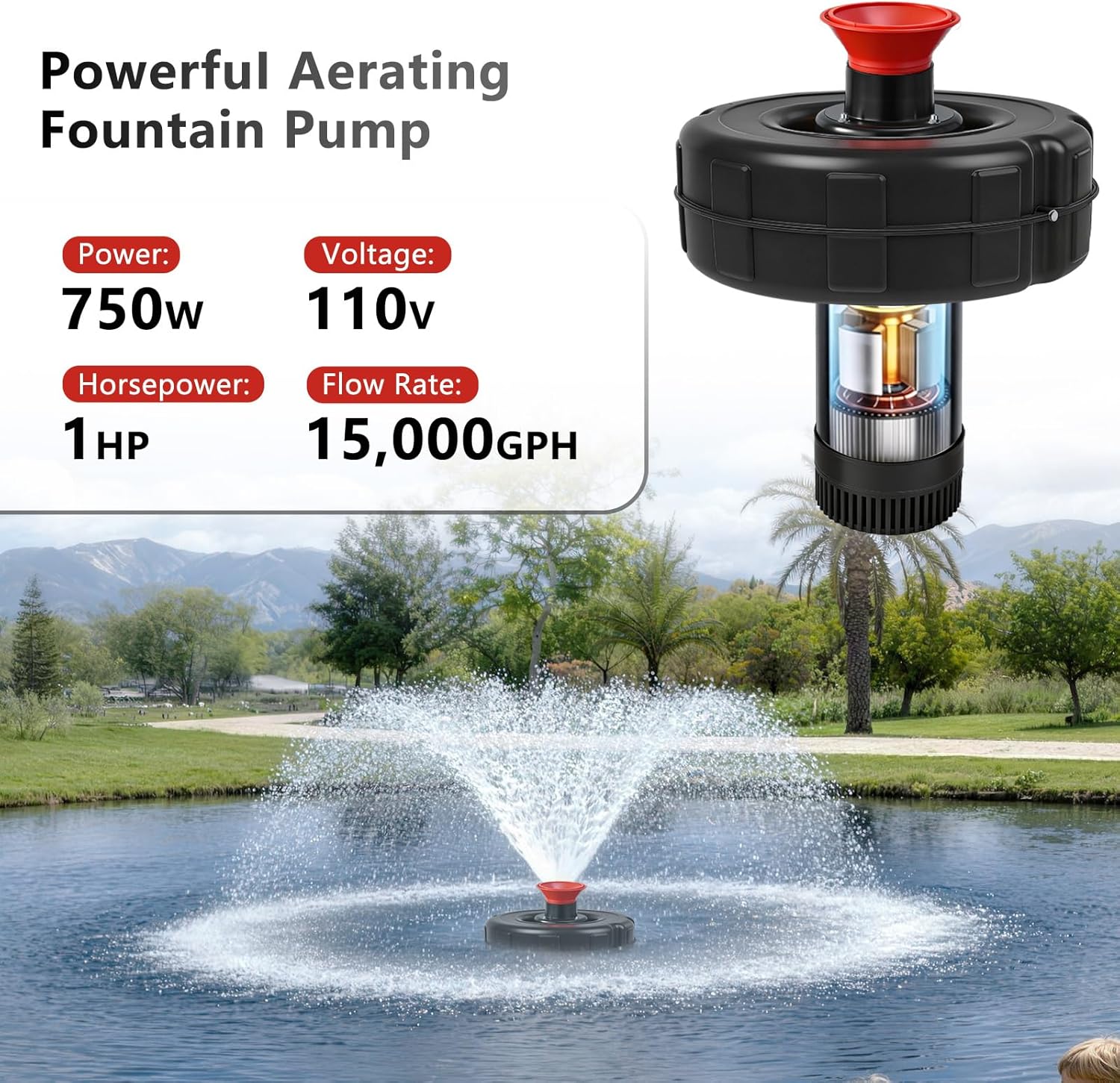 Pond Fountain Aerator, 1HP 110V 750W 15000 GPH Floating Fountain Pump with 100 FT Power Cord, 2 x 100 FT Rope, Timer, Fully Automatic Powerful Aerating Fountain for Larger Ponds, Lakes
