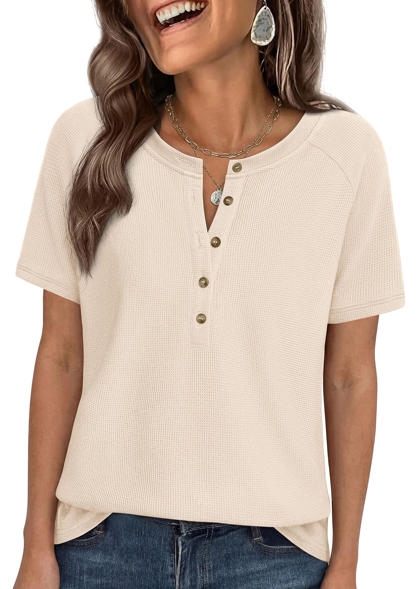 PRETTYGARDEN Waffle Knit Tops for Women Short Sleeve Henley Shirts 2026 Summer Blouses Dressy Casual Spring Fashion Clothes — view 23