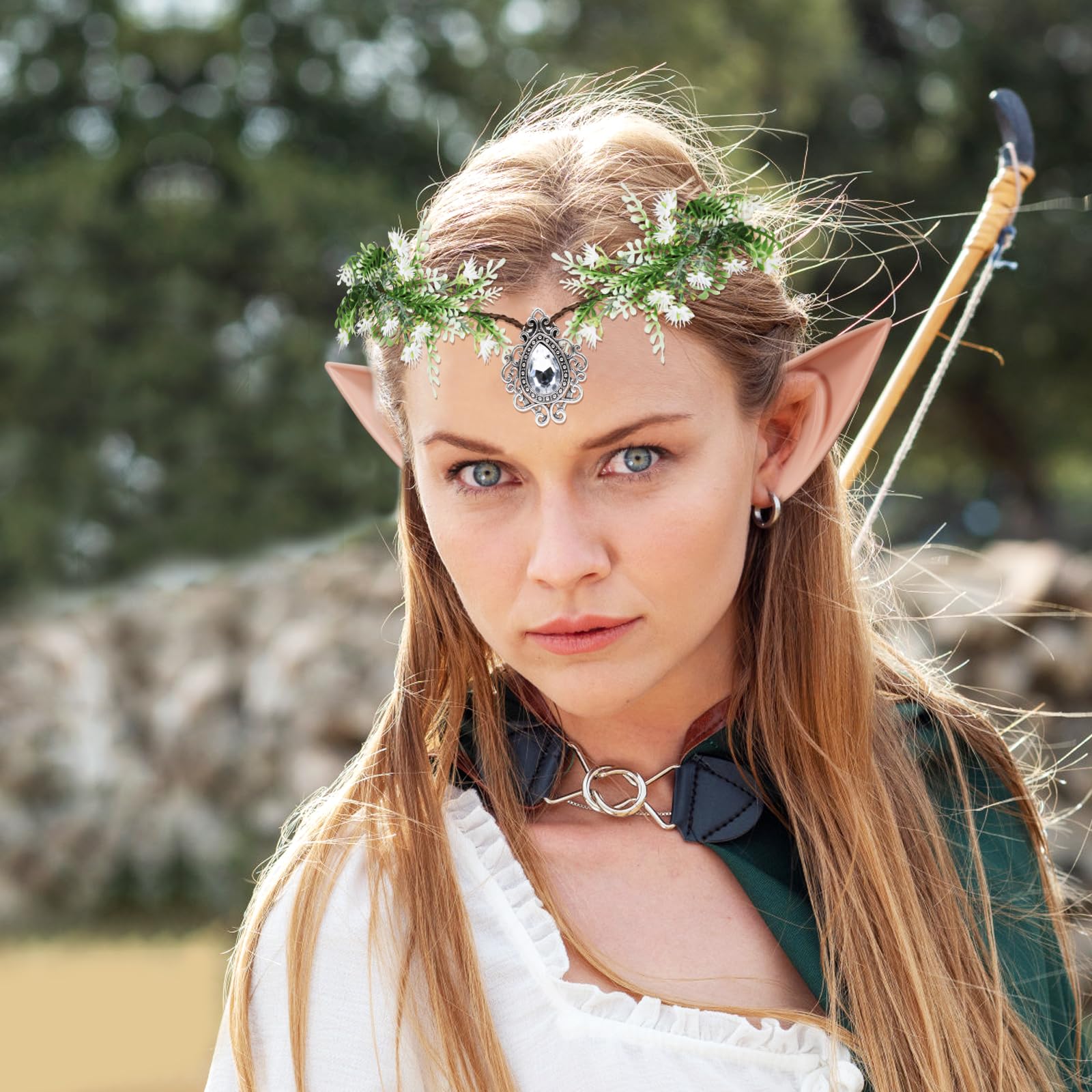 2 pary uszu elfa + elf kwiaty liście korona opaska na głowę kwiaty liście bajki girlanda kwiatowa boho opaska na głowę elf kostium elfa akcesoria na Halloween karnawał cosplay
