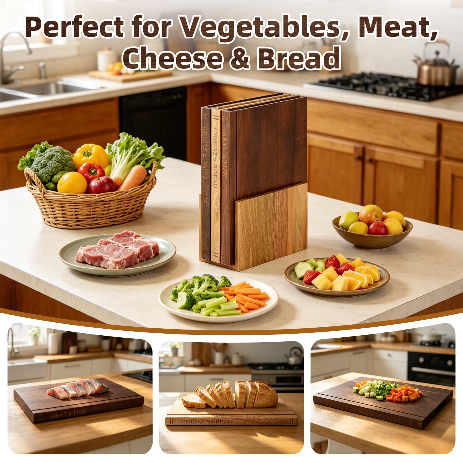 Schneidebrett 3er Set mit Ständer, Holzbrett Küche Buchdesign Küchenbretter, Rutschfest, Schmutzabweisend, Cutting Board für Käse, Brot, Gemüse, Langlebig und Praktisch