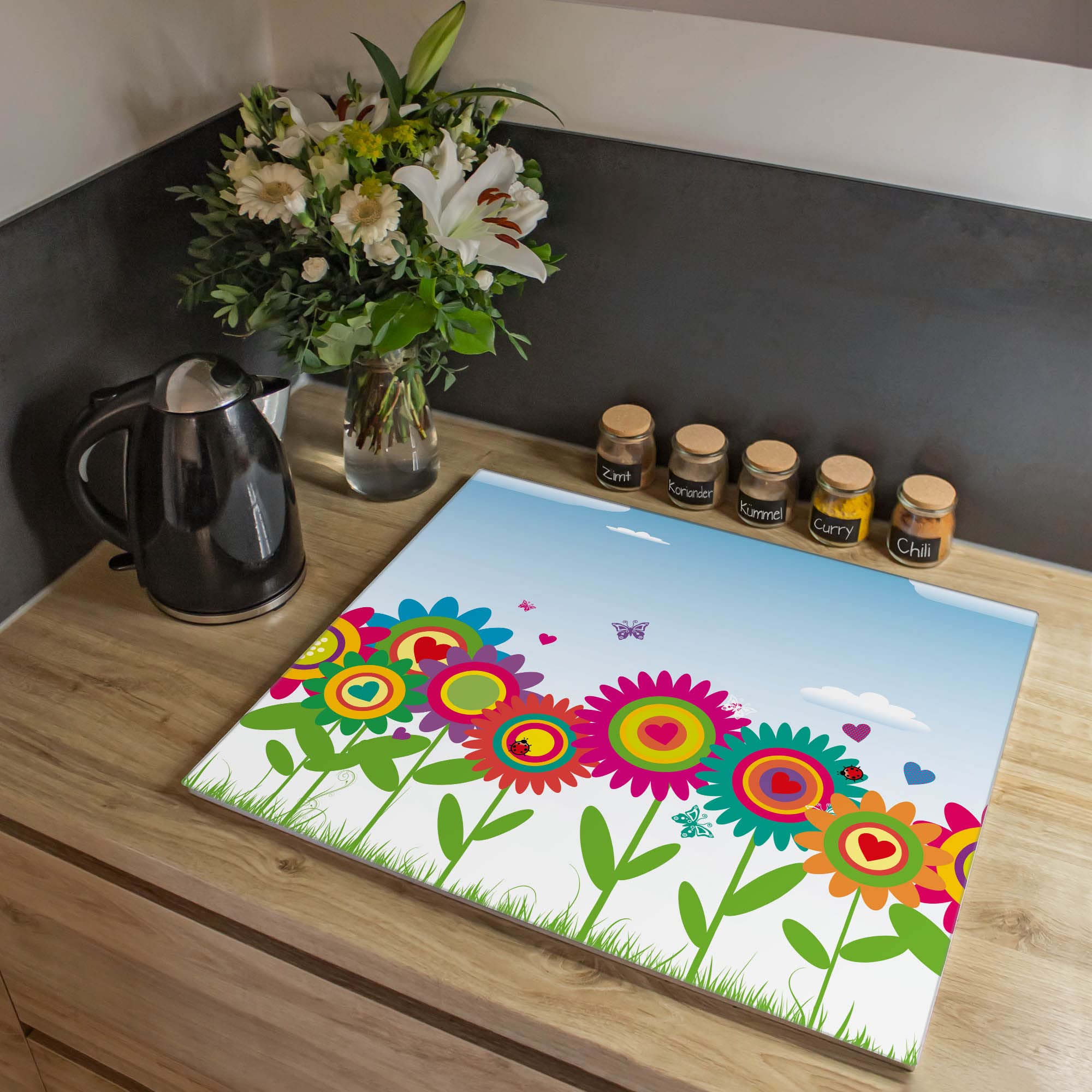 banjado Kochfeldabdeckung Glas mit Blumen und Pflanzen Design frisch 60x52 cm einteilig, hitzebeständige Herdabdeckplatte mit Gumminoppen, Schneidebrett für Küche und Ceranfeld, mit Motiv Bunte Blumen