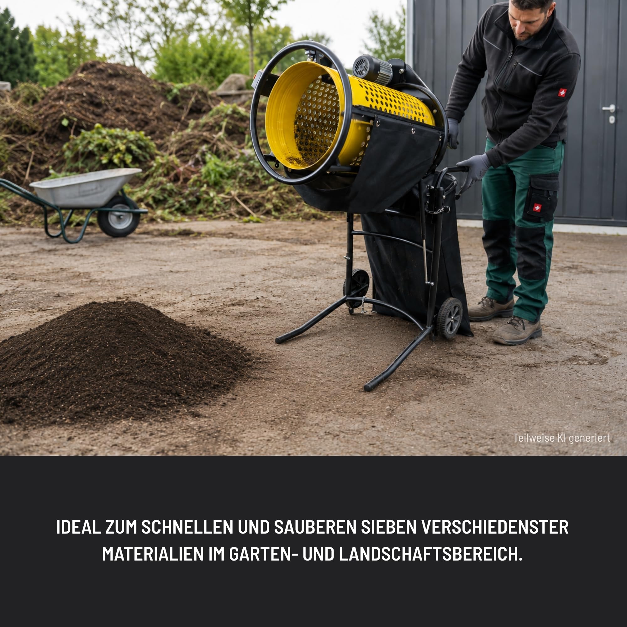 Güde Rollsieb GRS 375, 360 W, Siebtrommel Ø 375 mm, Modell 94414 | Zum Sieben von Kompost, Erde und Sand, Lochung 10 mm oder 20 mm, Neigungswinkel einstellbar, Transporträder, Fangsack