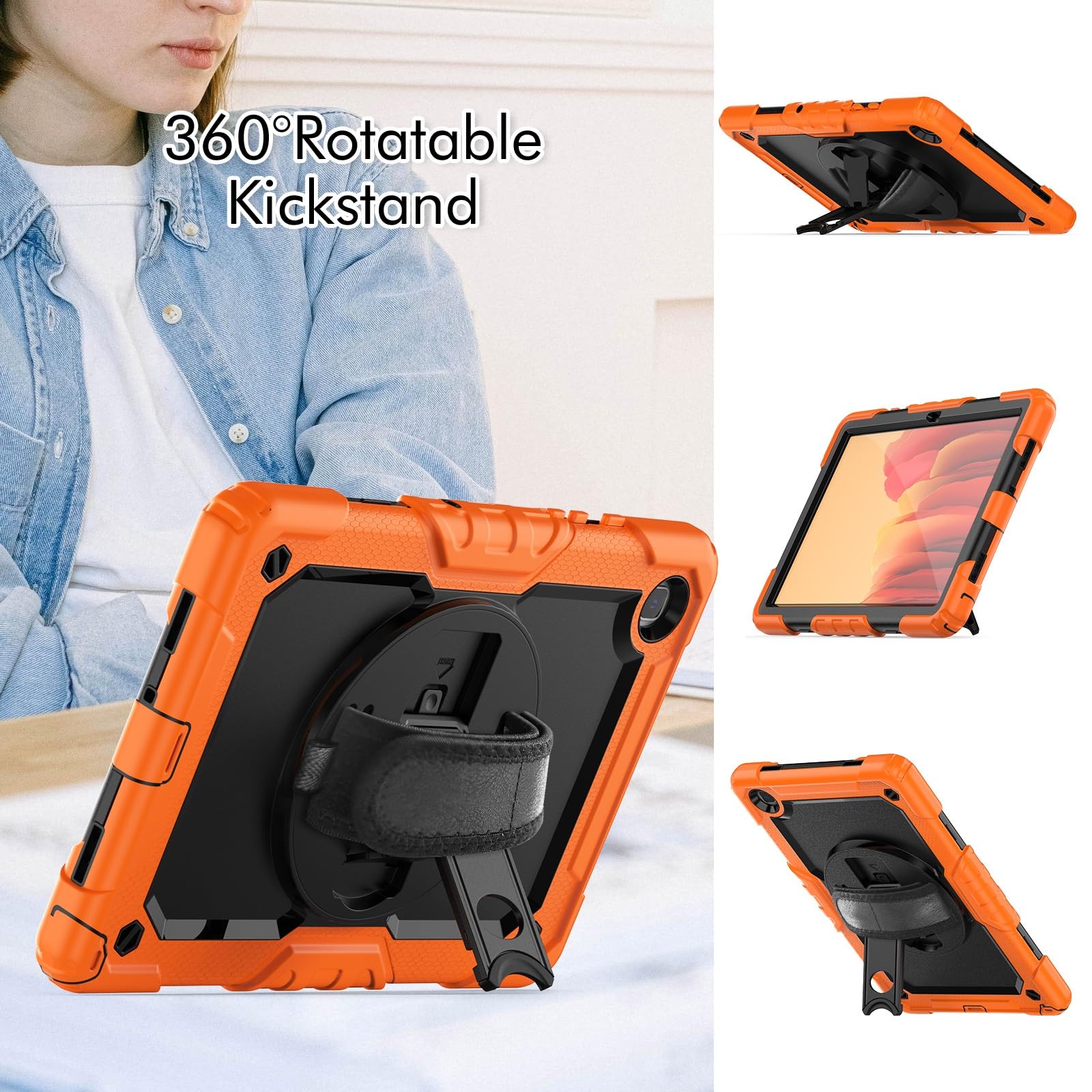 Kompatybilny z Samsung Galaxy Tab A7 10,4 cala SM-T500/T505 (2020) Etui folią ochronną ekranu, [podpórka] [pasek na ramię] Odporna wstrząsy wytrzymała obudowa 360° obrotowy pasek rękę i ramię(Orange)