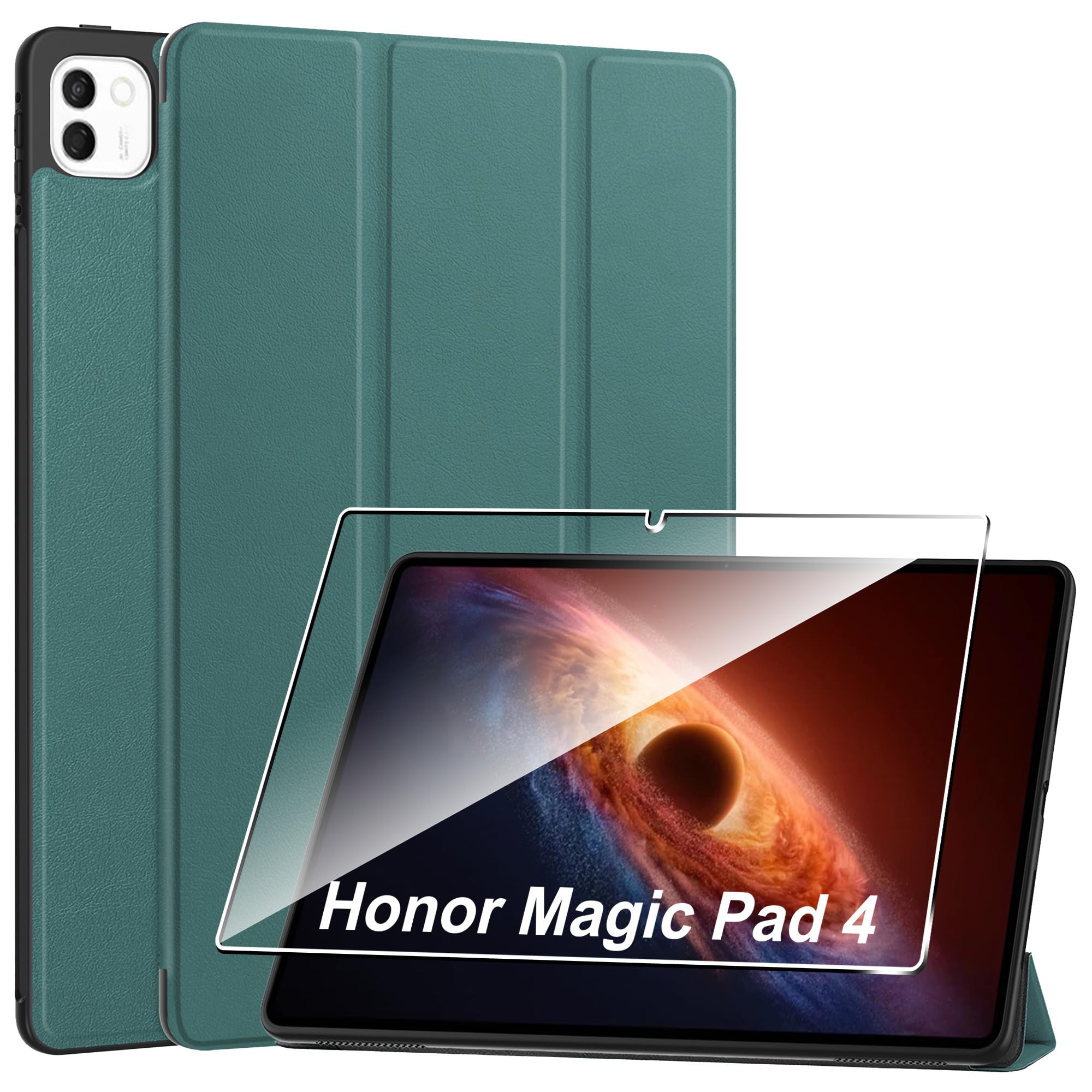 Custodia per Honor Magic Pad 4 12.3" Cover in Pelle Case, + [1 Pezzi] Vetro Temperato Pellicola Protettiva [Auto Svegliati/Sonno][Supporto Funzione ] [Anti-Scratch] Verde