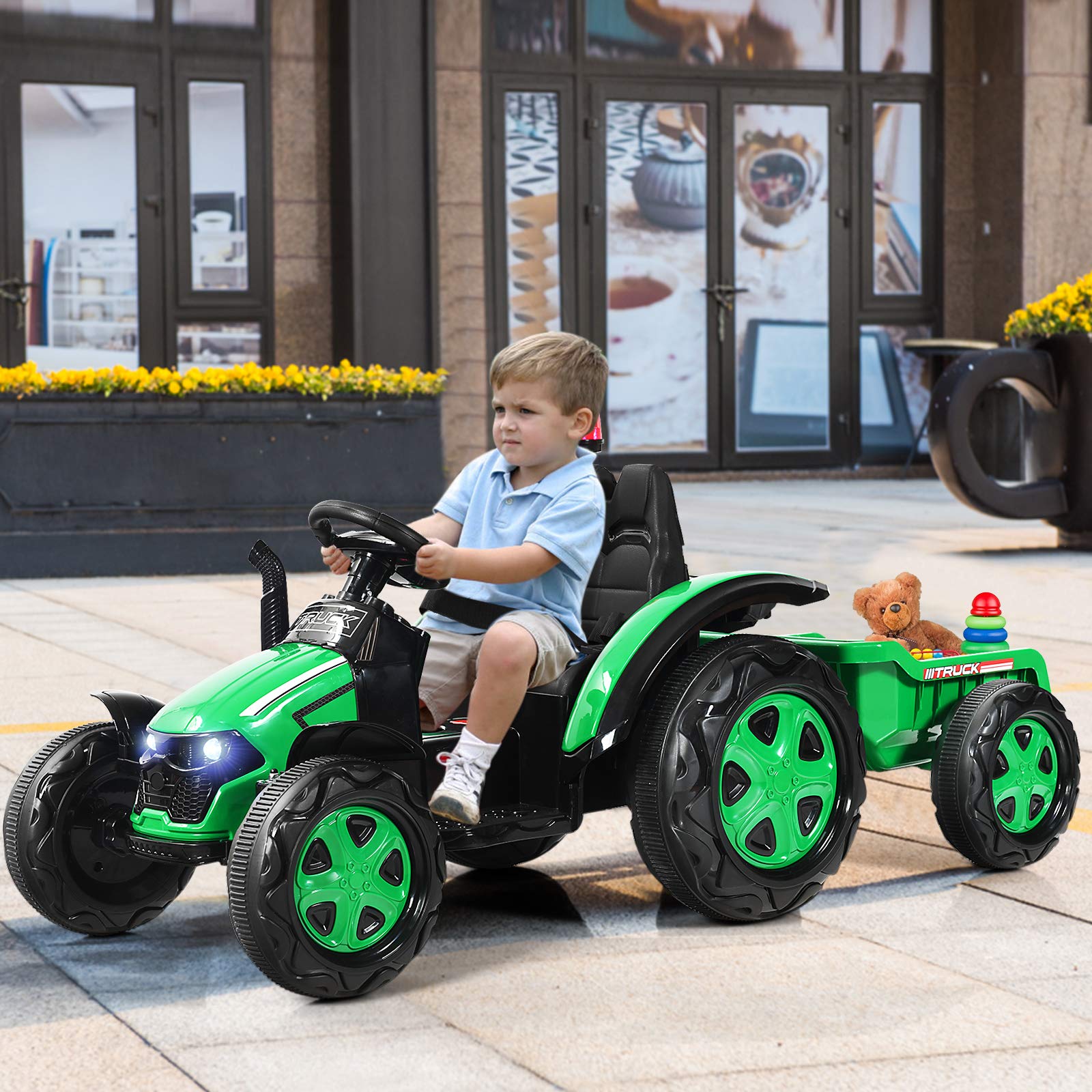 GOPLUS 12V Tracteur Électrique avec Remorque, Voiture Électrique Enfants 1 Place avec Télécommande 2,4G,Véhicule Convient aux Enfants de 3 à 8 Ans avec Lumières, Musique (Vert)