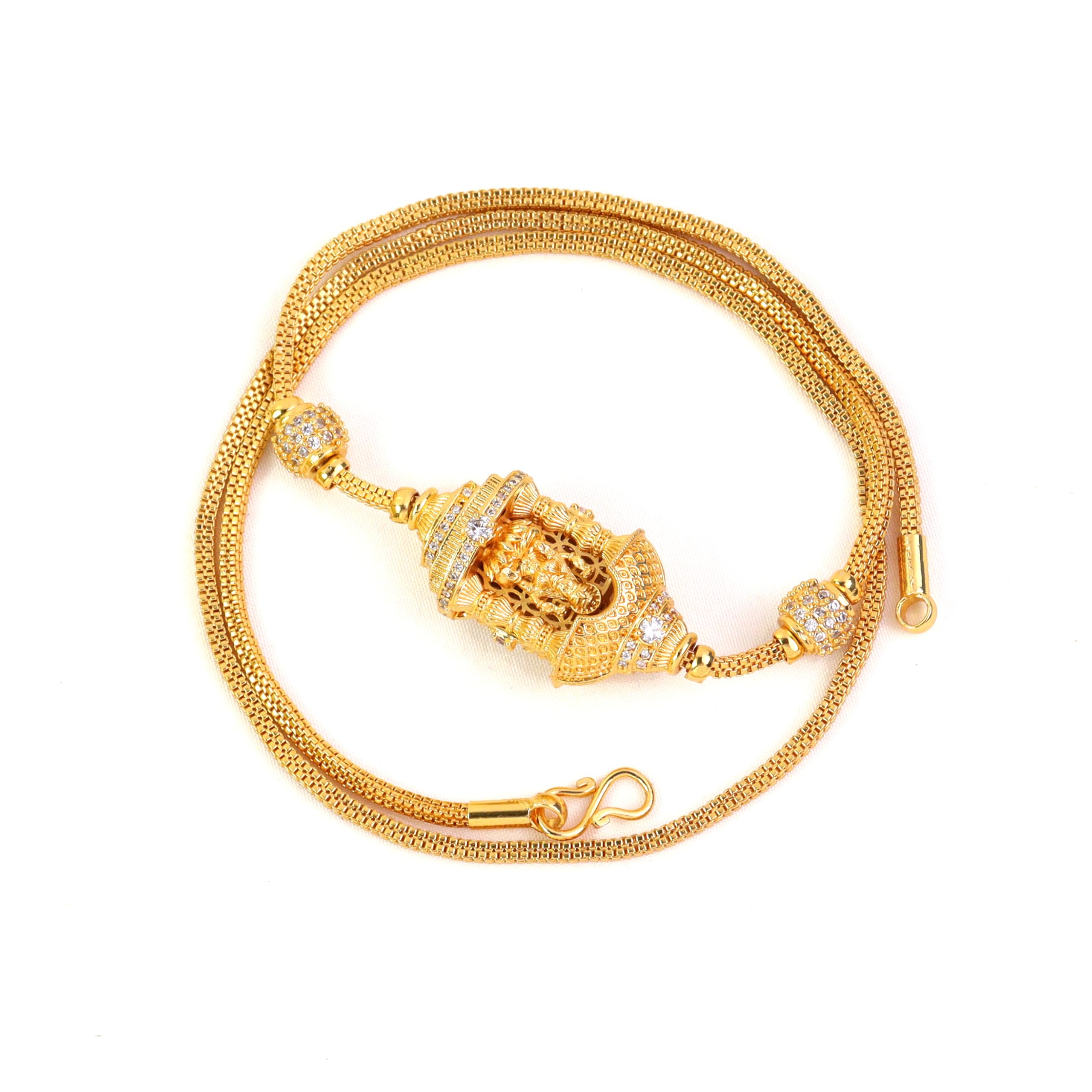 One Gram Micro Gold Plated Traditional Designer American Diamond Stone Double Side Laxmi Mugappu Chain for Women & Girls (MC-1113)-image-27