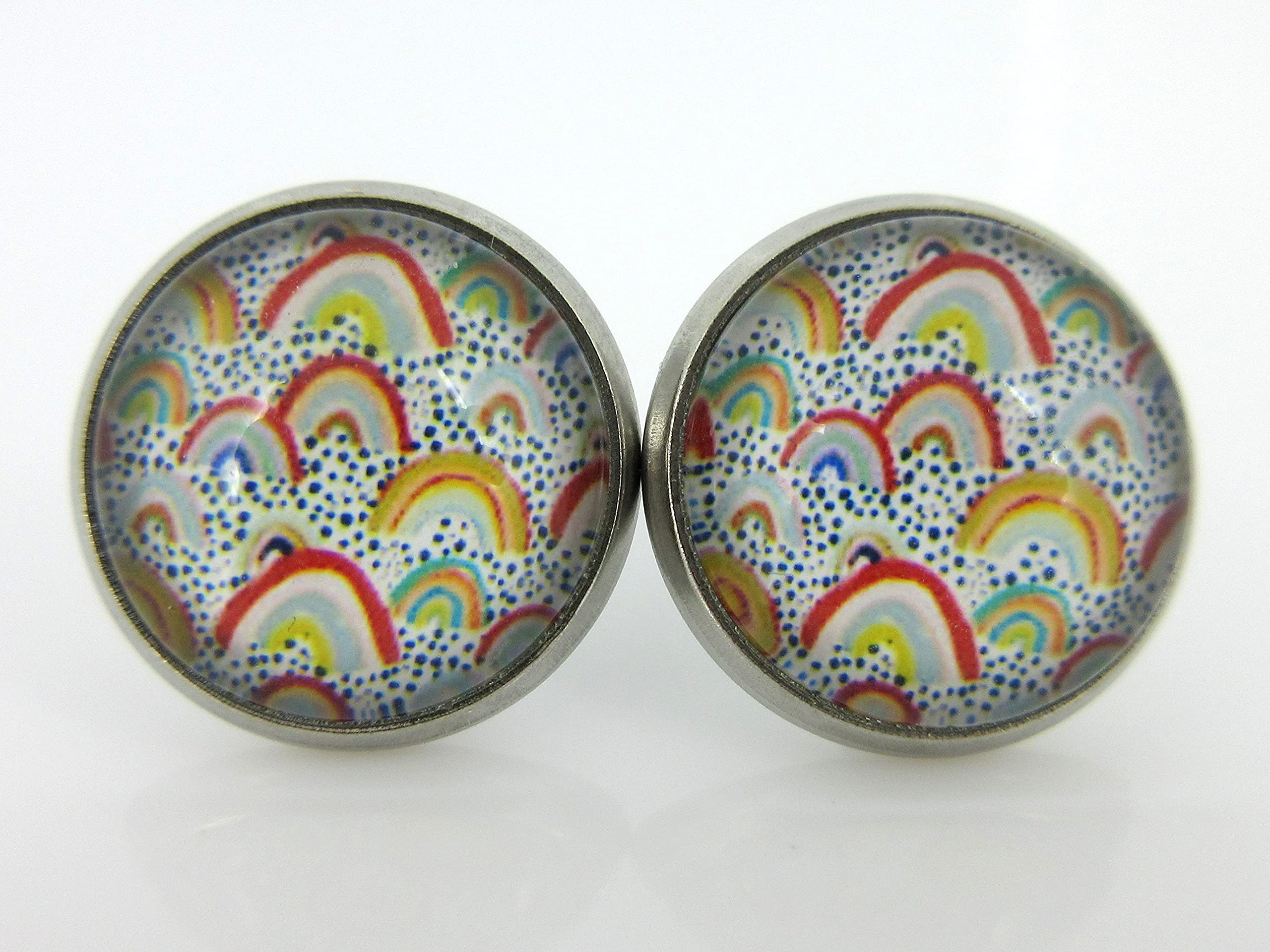 Summerfield Collection Stainless Steel Yellow Blue Vintage Rainbows Print Glass Stud Earrings 12mm Dots