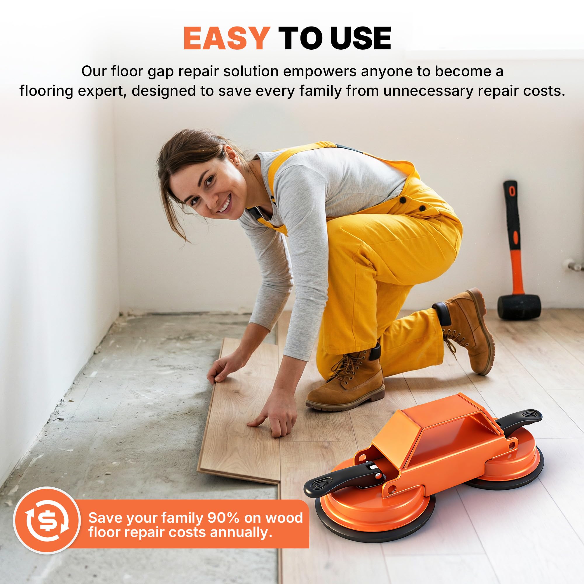 Floor Gap Fixer Tool Heavy Duty 45°Striking Surface Floor Gap Repair Tool Made of Iron & Enhanced Suction Cup with Slot Cutter, Hammer and 5pcs Sticky Pads for Fixer Laminate/Vinyl Flooring Tools — view 2
