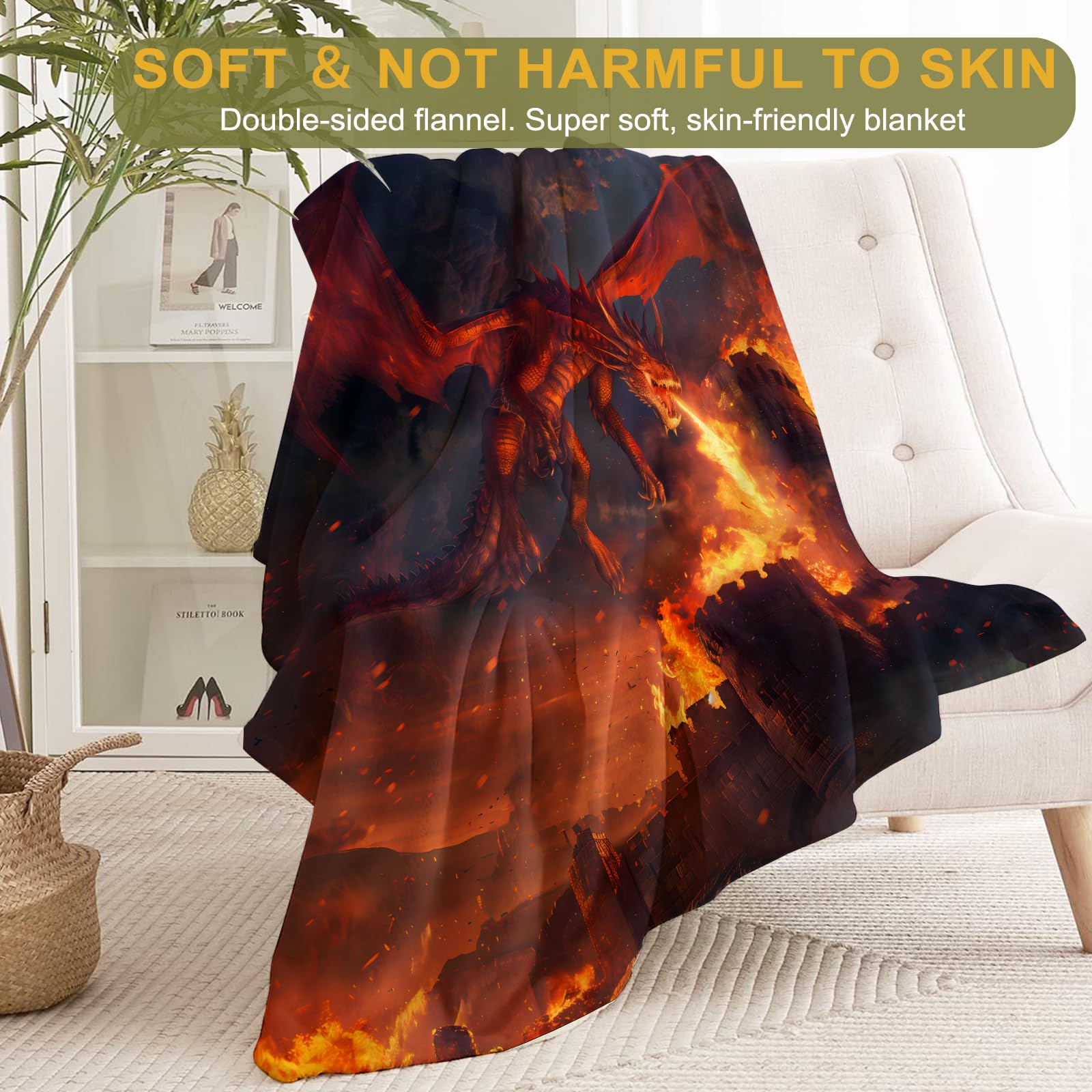 ainori Epic Fire-Breathing Dragon Flannel Blanket - Stunning Animal Throw,Gifts for Kids & Fantasy Lovers, Ultra Soft & Warm,Lightweight,for Couch Bedroom Living Room Boho Decor 60x80in