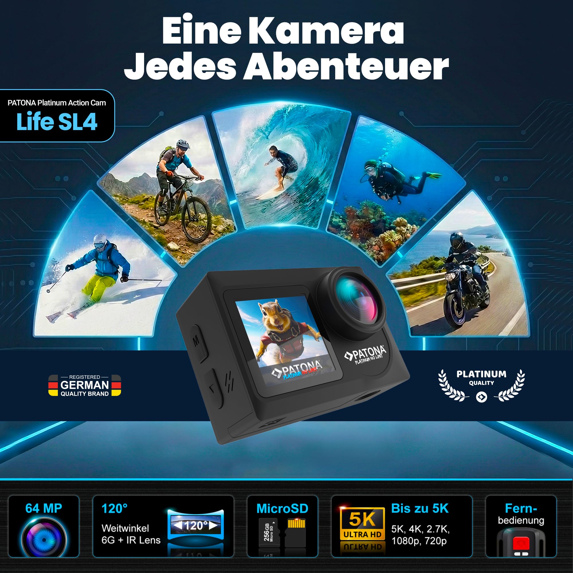 PATONA Action Cam Life SL4 | 5K 120fps 64MP EIS | 120° Weitwinkel Videokamera | Dual Screen Kamera | Fernbedienung | Bis 30m Unterwasserkamera | Lautsprecher |6G Akkus+Dualladegerät+64GB Karte+Zubehör