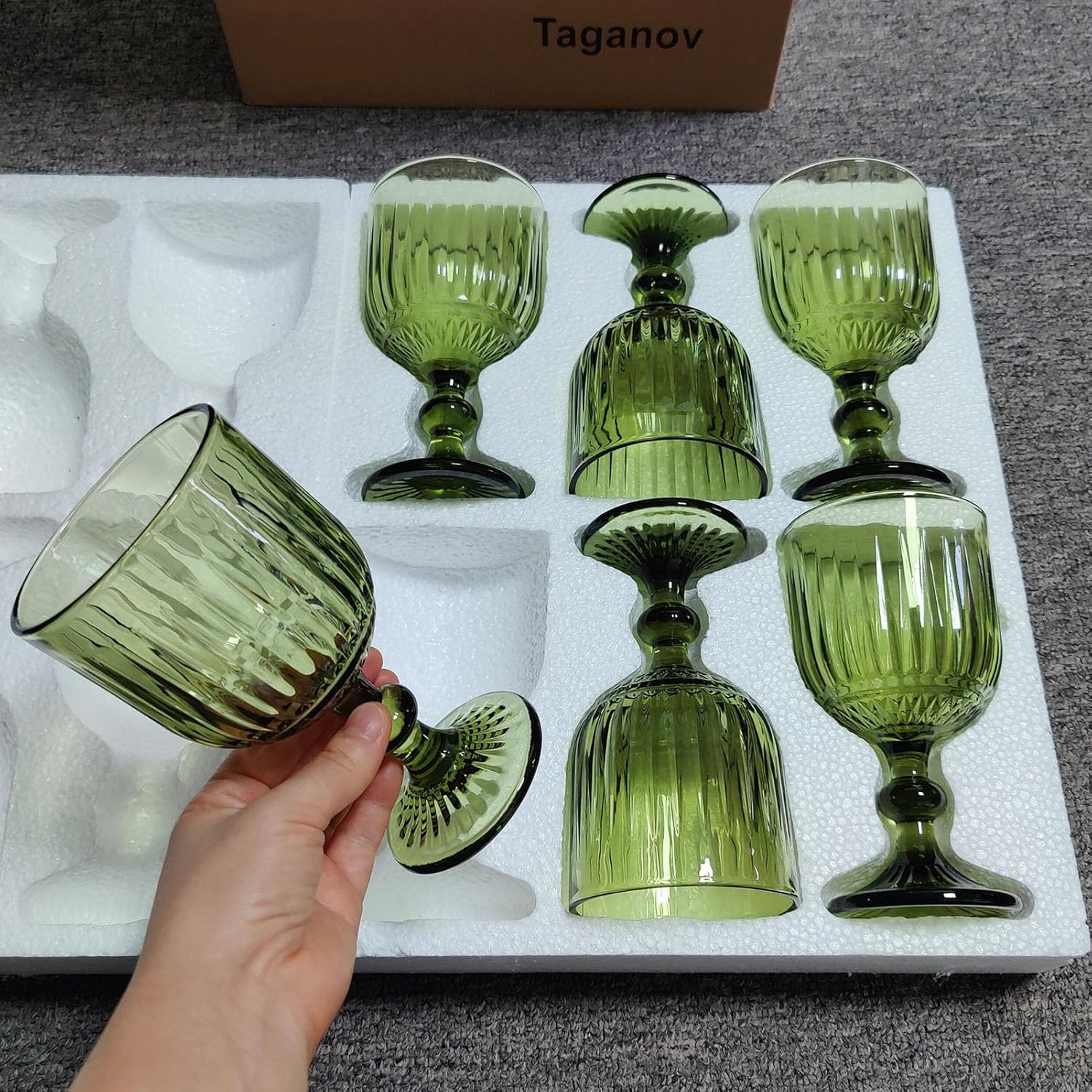 Green Water Glasses Drinking Wine Goblet set of 6 Vintage Glassware Colored Stemware 11 ounce for Wedding Party Bar Vertical Embossed Pattern Stemmed Cups 330 ml - Image 3