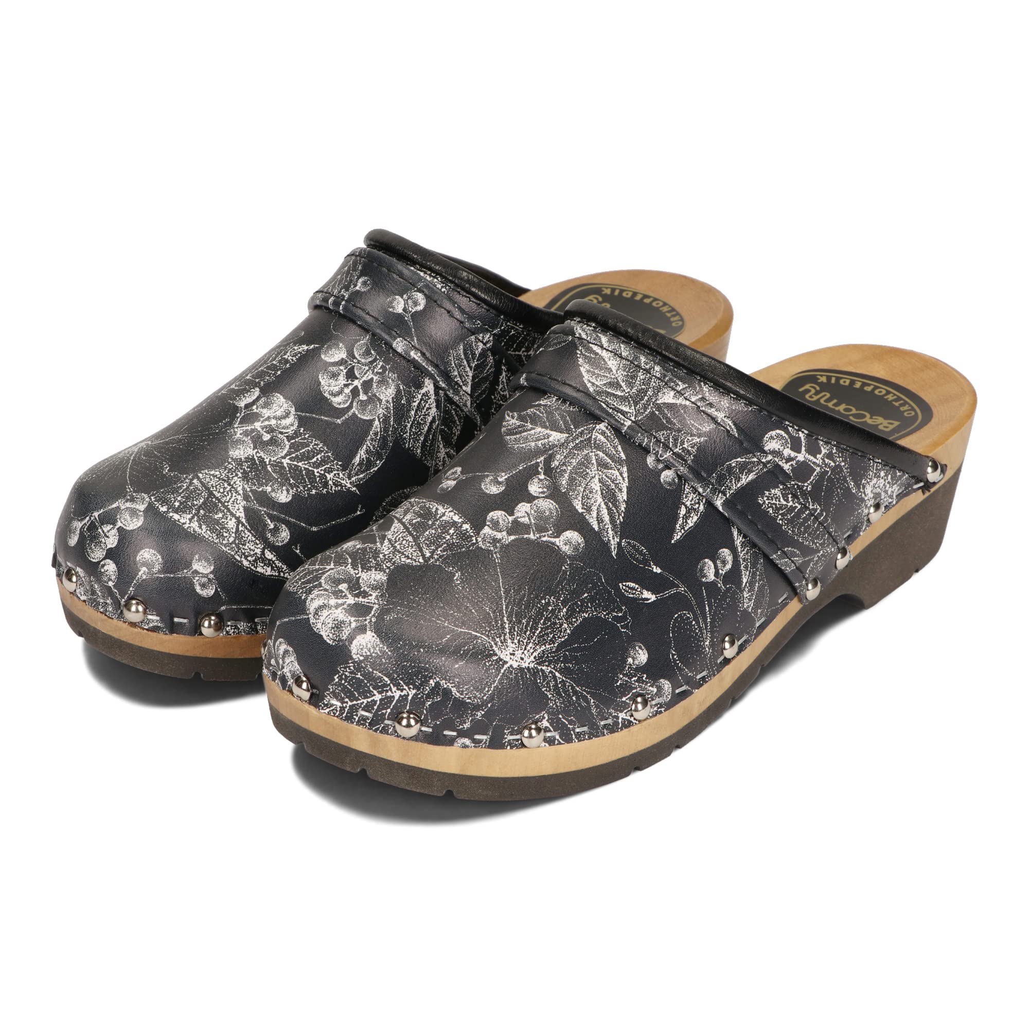 BeComfy Damen Holzclogs Naturleder Weite Passform Blockabsatz | Naturleder innen und außen, Holzsohle mit Gummischicht, Blockabsatz 5 cm, Weite Passform, Ohne Verschluss, EU