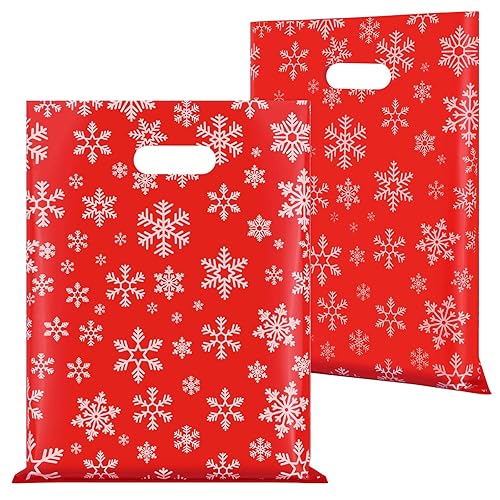 Ruisita Paquete de 100 bolsas de plástico para mercancía de copos de nieve de 12 x 15 pulgadas, con asas, troqueladas, reutilizables, a granel, para