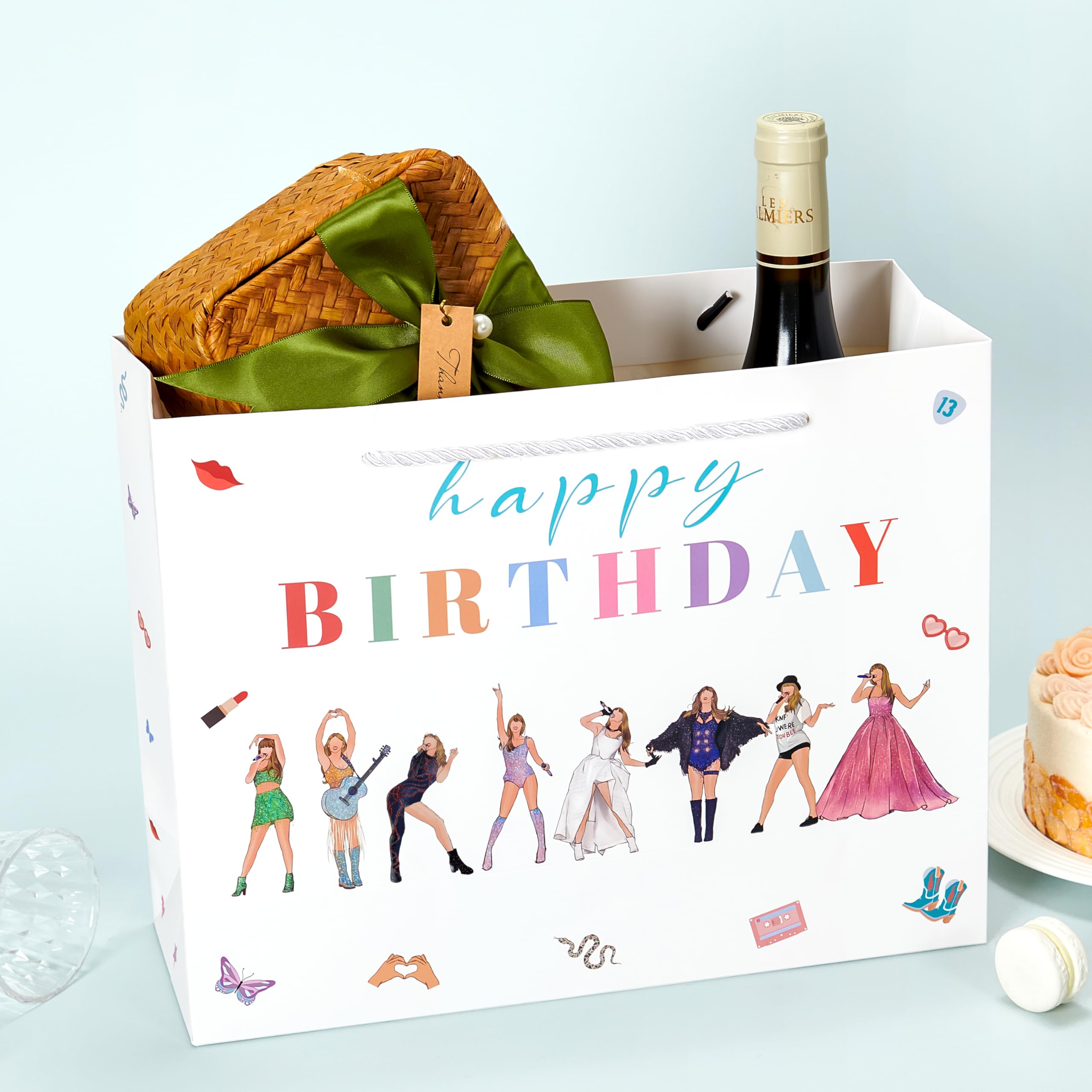 Crisky Large Happy Birthday Gift Bags for Women with Tissue Paper and Card, Music Lovers, Pop Singer Birthday Gift Bag with Handles for Party Decorations Supplies, 13"