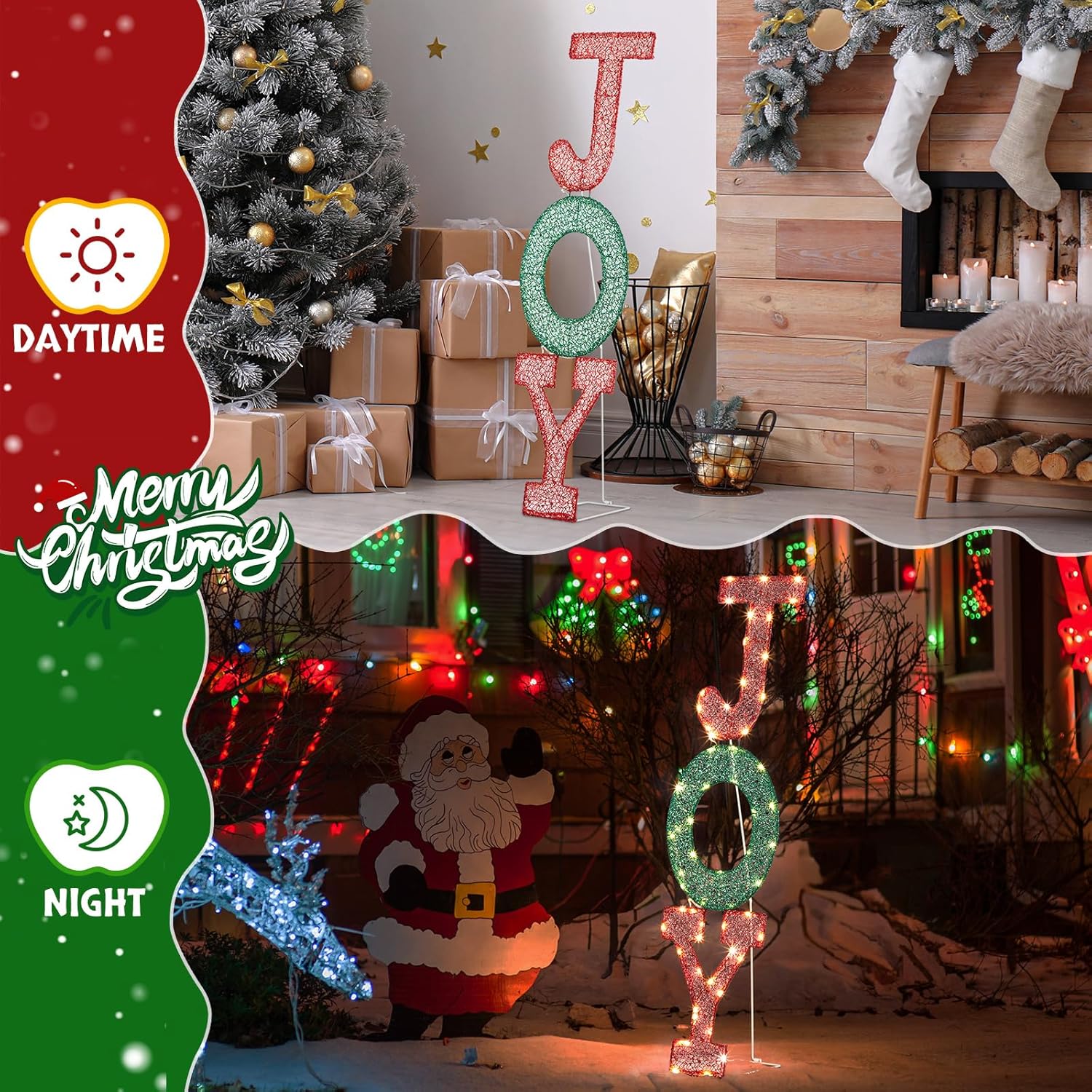 Christmas Lighted JOY Letter Decoration, Outdoor Christmas Waterproof 2D JOY Sign with LED Lights, Pre-Lit Classic Traditional Ornament for Xmas Yard Patio Front Door