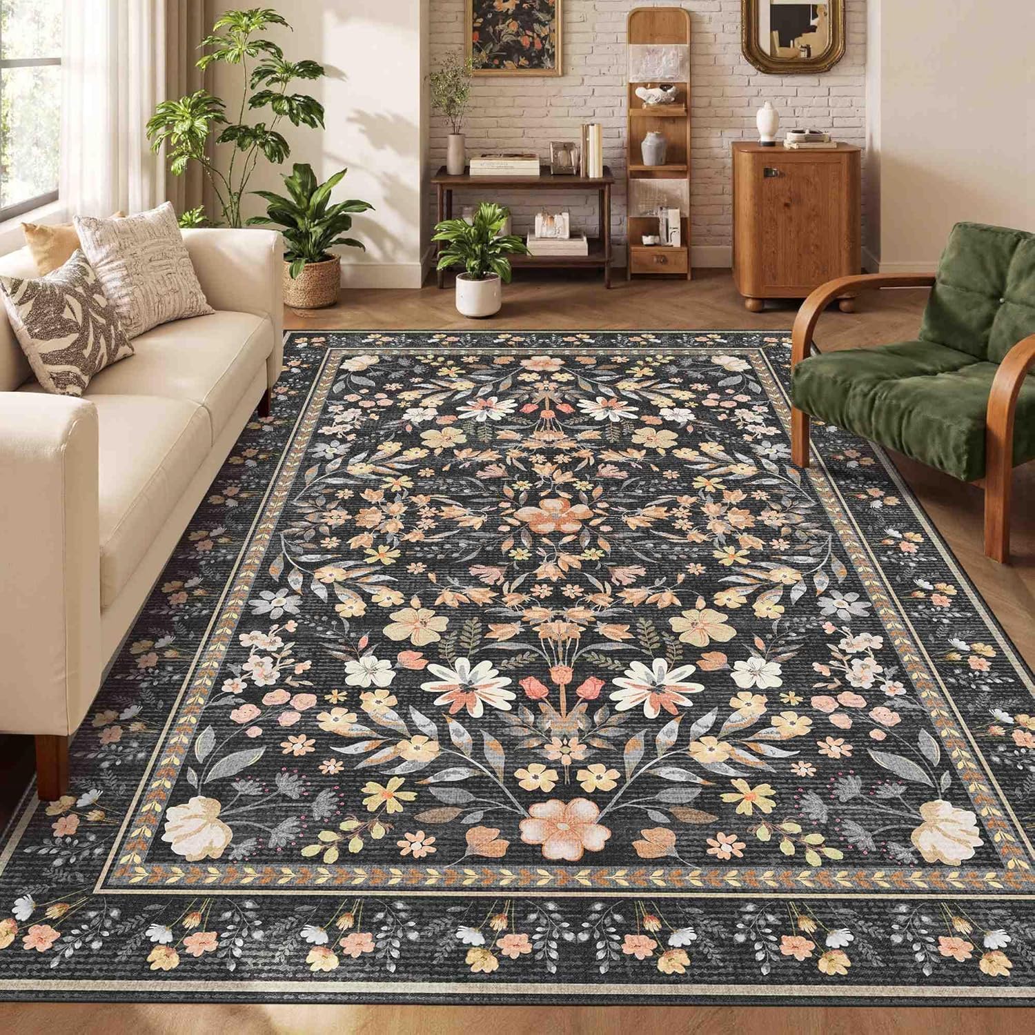Tapis lavable et antidérapant de 200 x 290 cm grand tapis floral moelleux