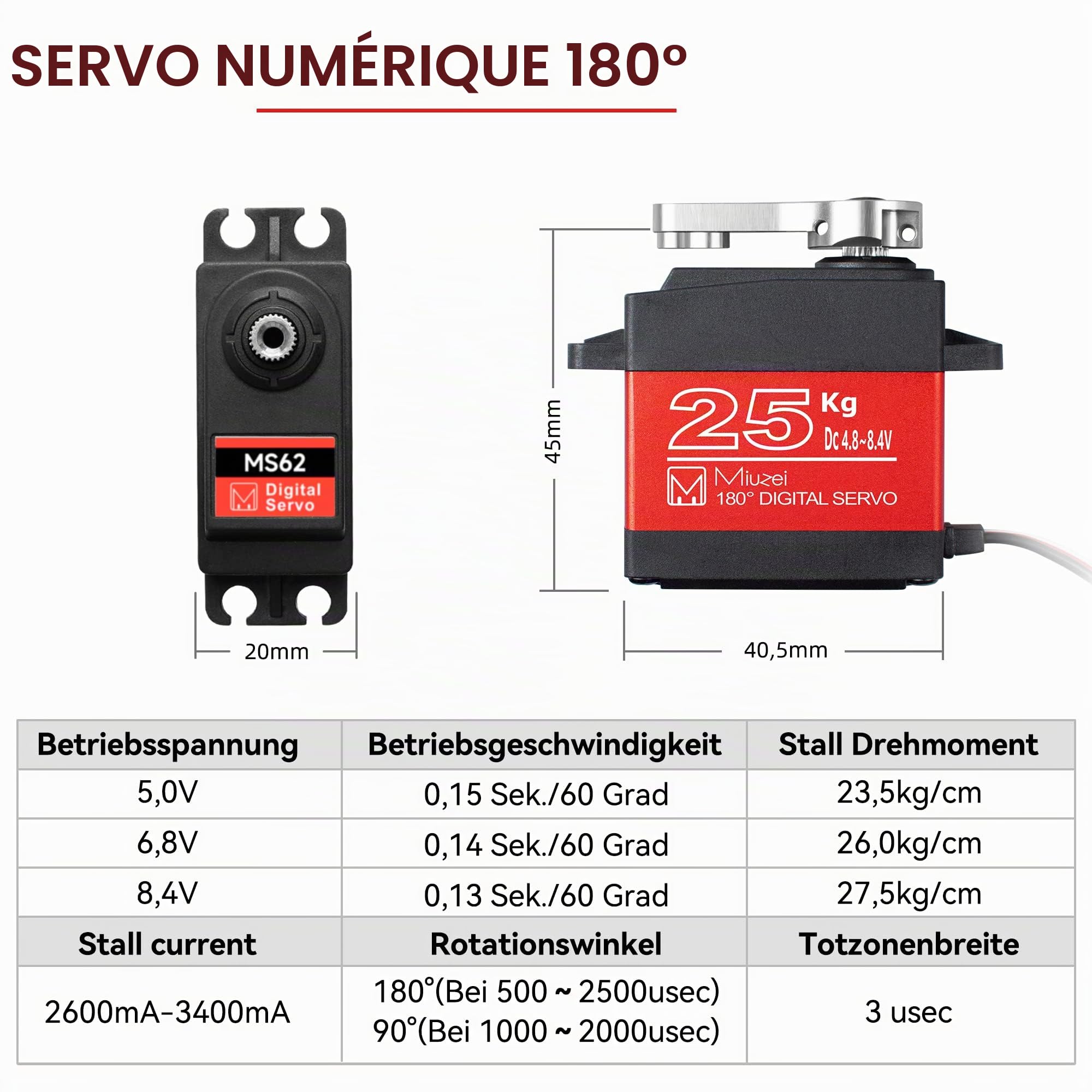 Miuzei Servo Rc 25kg Servomoteur Digital Standard 180 Metal Waterproof Compatible avec Arduino Pour Voiture Rc 1/10 1/8 Bras Robot Modelisme Voilier