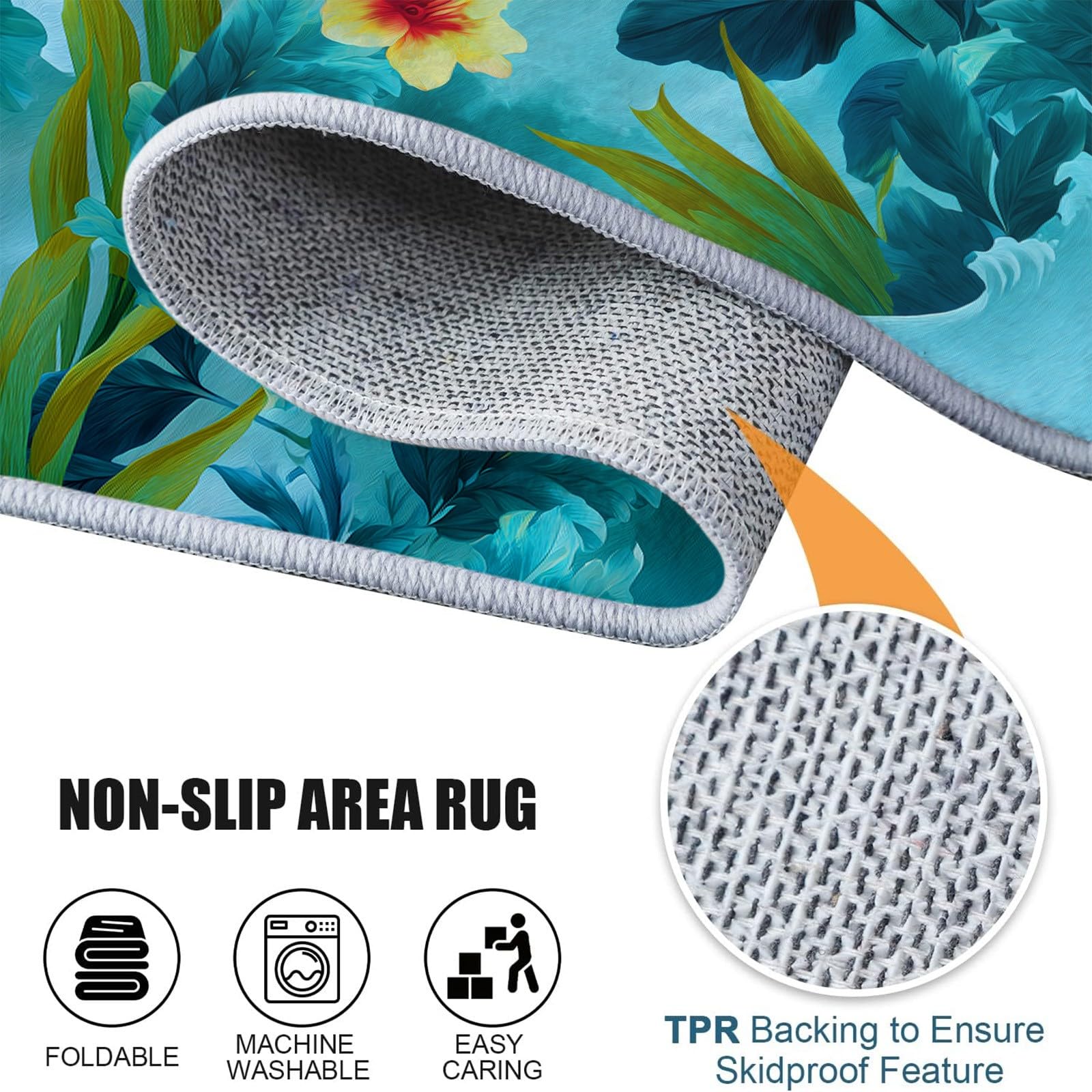 Tapis Rond Motif Feuilles Et Fleurs Tropicales Vagues De L'Océan Lavable en Machine Antidérapant 160 cm, Tapis Rond Aquarelle pour Chambre à Coucher Cuisine Salle de Bain Chambre d'enfant Salon