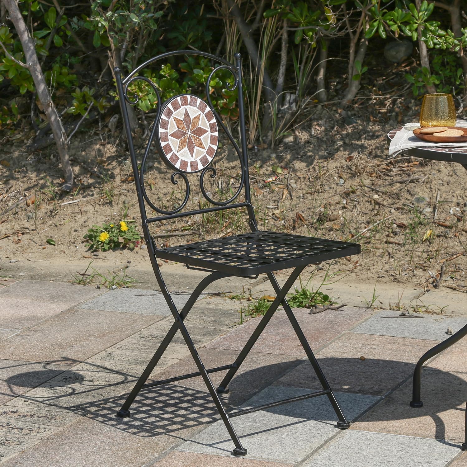 星柄 素焼き調モザイク 2脚セット折りたたみガーデンチェア 0 花柄[fbc