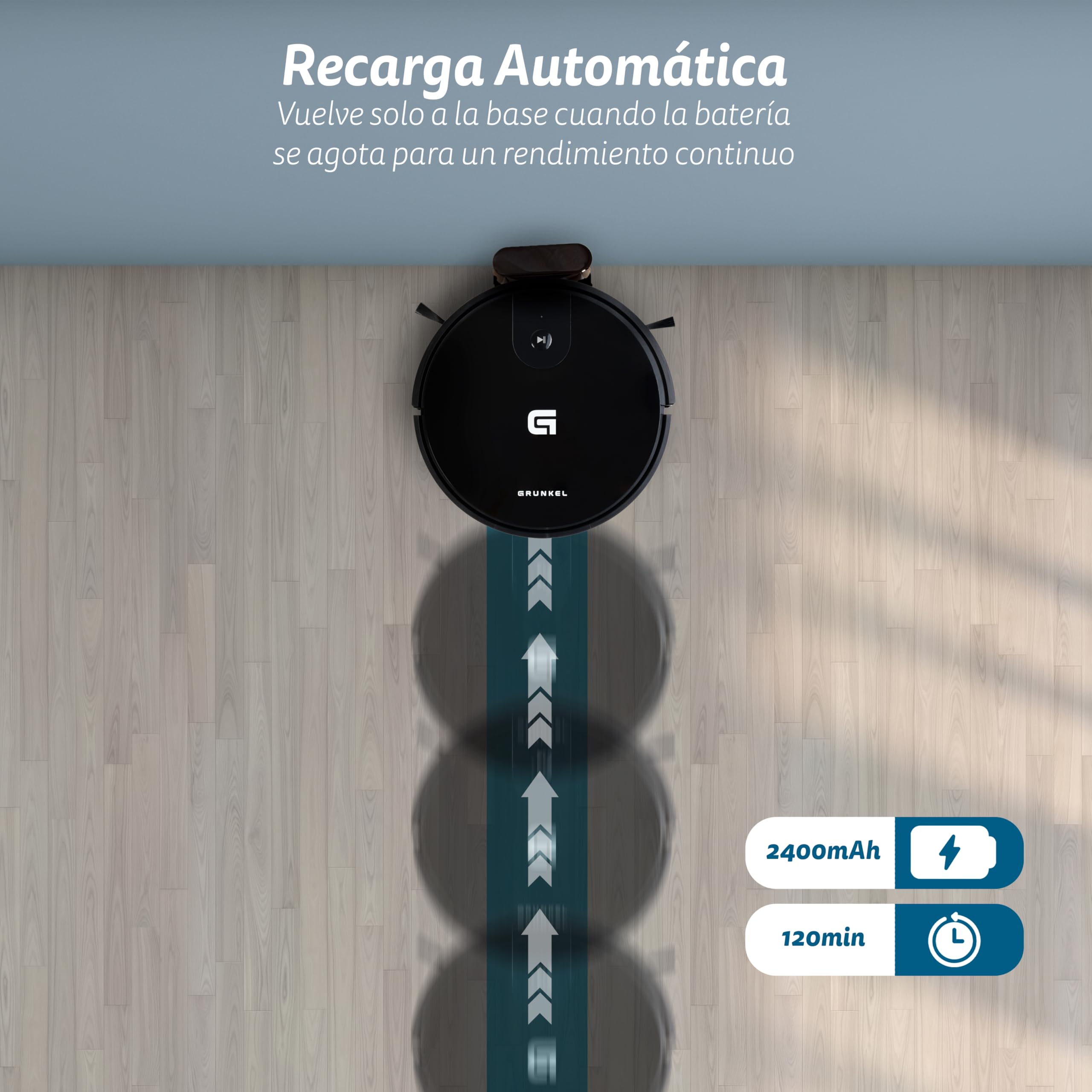 Grunkel Robot Aspirador y mopa friegasuelos I-DANCEREASY con tecnología Brushless Potencia de succión de 21Kpa y Motor de 30Kpa y 35W con autonomia 120min.