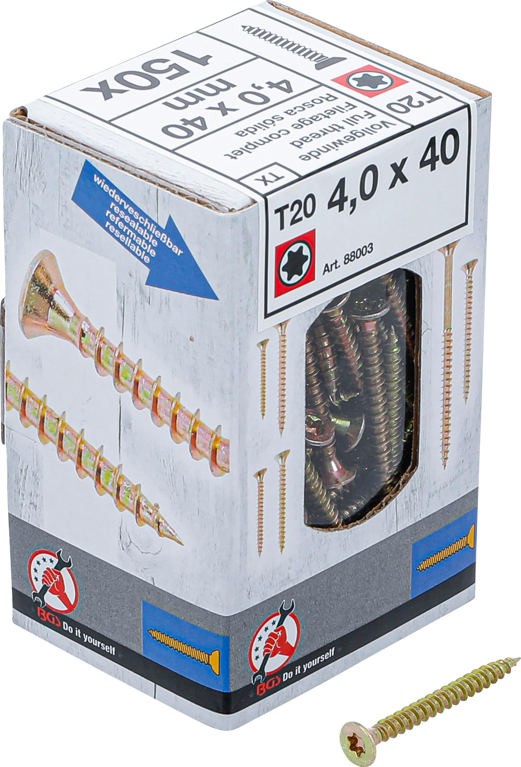 BGS Diy 88003 | Mehrzweckschrauben | T-Profil (für Torx) T20 | 4,0 x 40 mm | 150 Stück