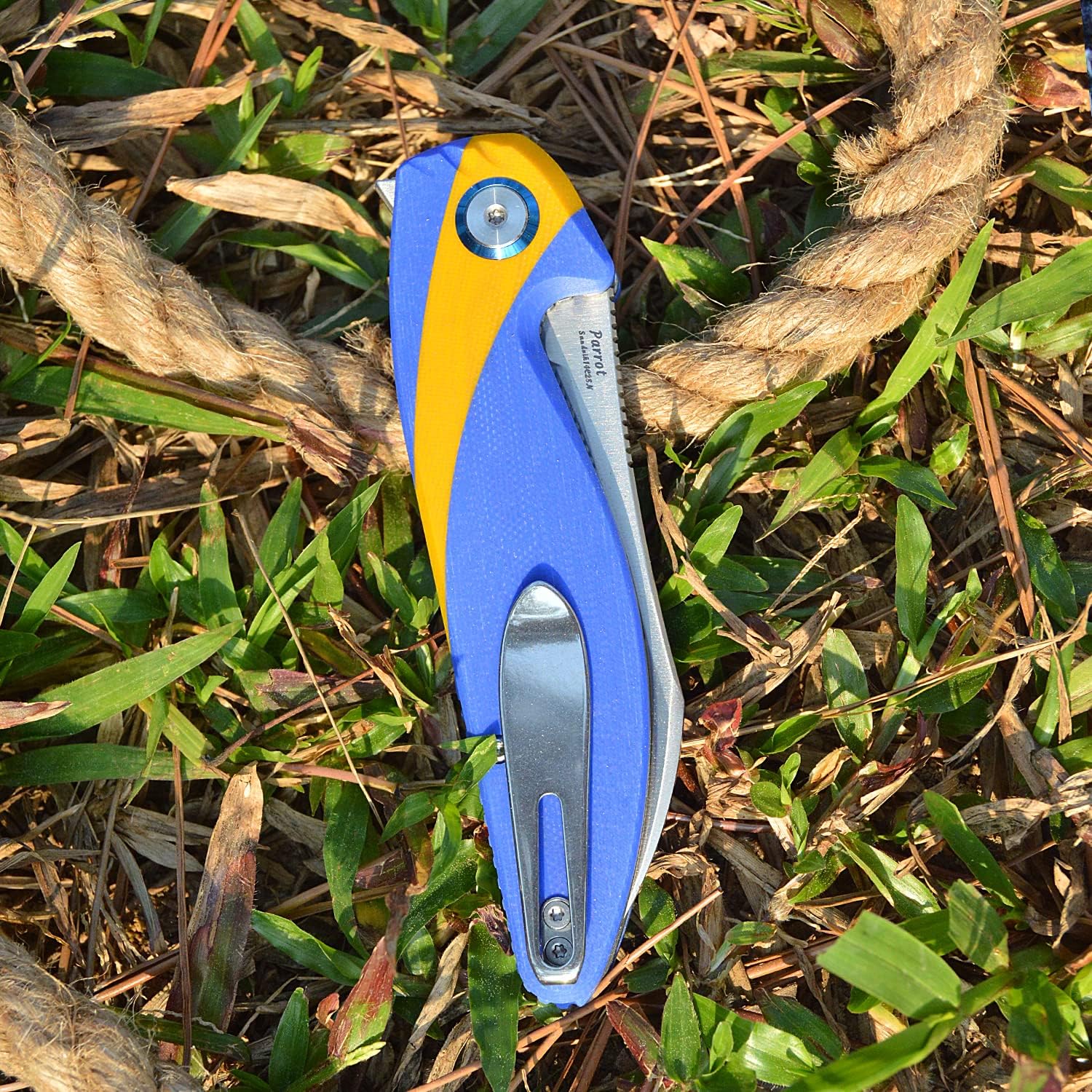 Harnds Parrot Folding Pocket Knife with Clip and Blade Lock, 8.4" EDC Folding Knife with Sweatproof G10 handle and 14C28N Stainless Blade (Blue & Yellow)