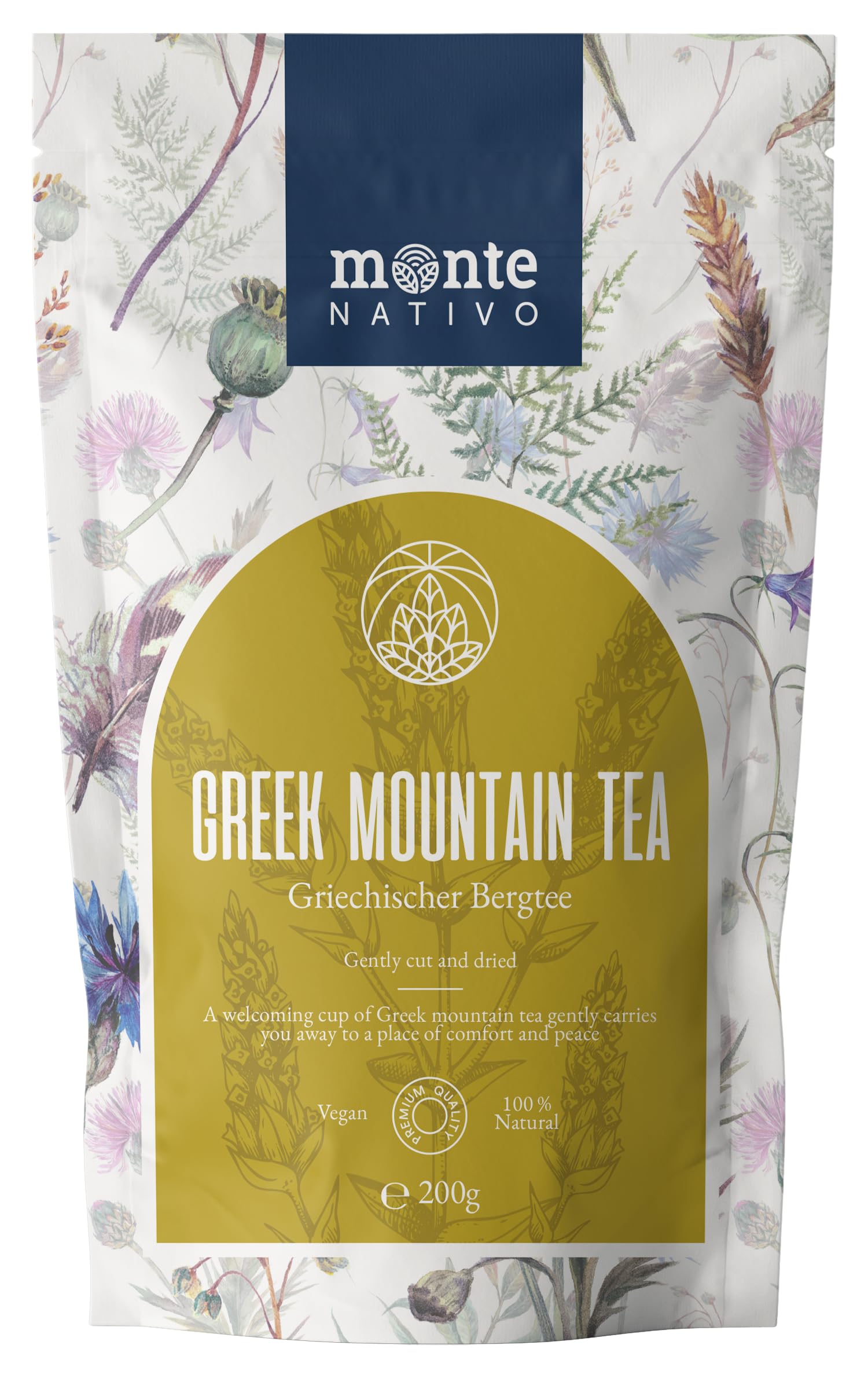 Greek Mountain Tea Monte Nativo (200g) - Sideritis Scardica - Stimulating and refresing Mountain Tea - Aromatic and 100% Pure and Natural Without Additives - As a healthy, refreshing infusion