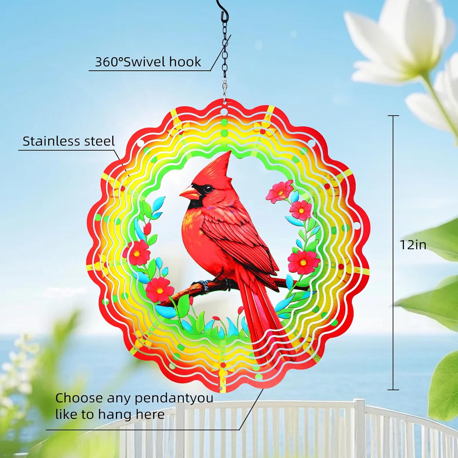 メタルウィンドスピナーアウトドア、カーディナルハンギングウィンドスピナーギフト、12インチ 3Dステンレススチールウィンドキャッチャ