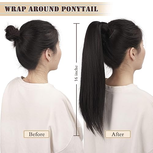 Miniatura 6 de BARSDAR Extensiones de cola de caballo con clip, extensiones de cabello sintético corto y lacio, extensiones de cabello Yaki para mujeres y niñas,