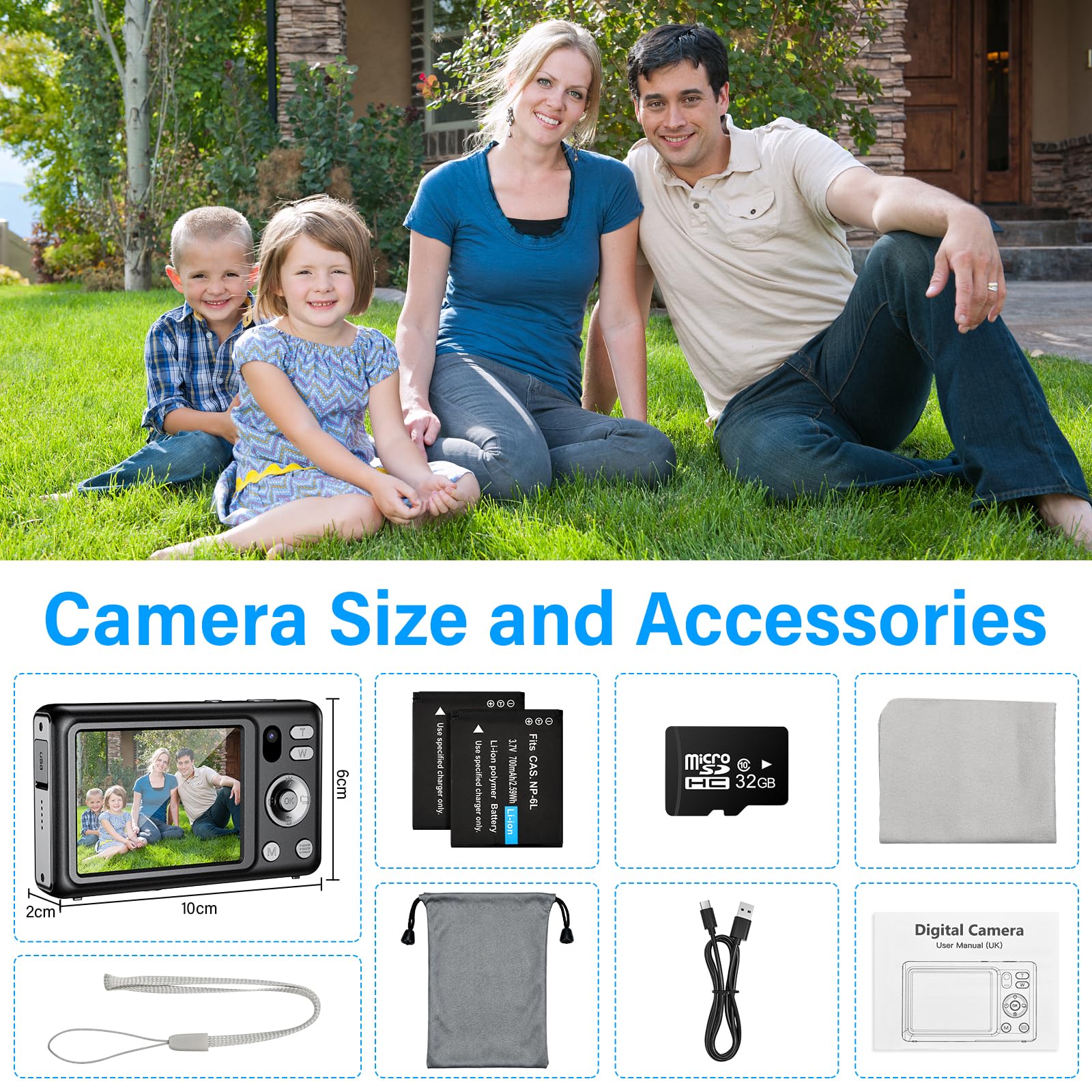 Cámara de Fotos 64MP 4K Cámara Digital Compacta con Zoom 16X 2,8" LCD Compacta Portátil Cámara con Tarjeta 32GB para Niños Principiantes Adulto (Negro)