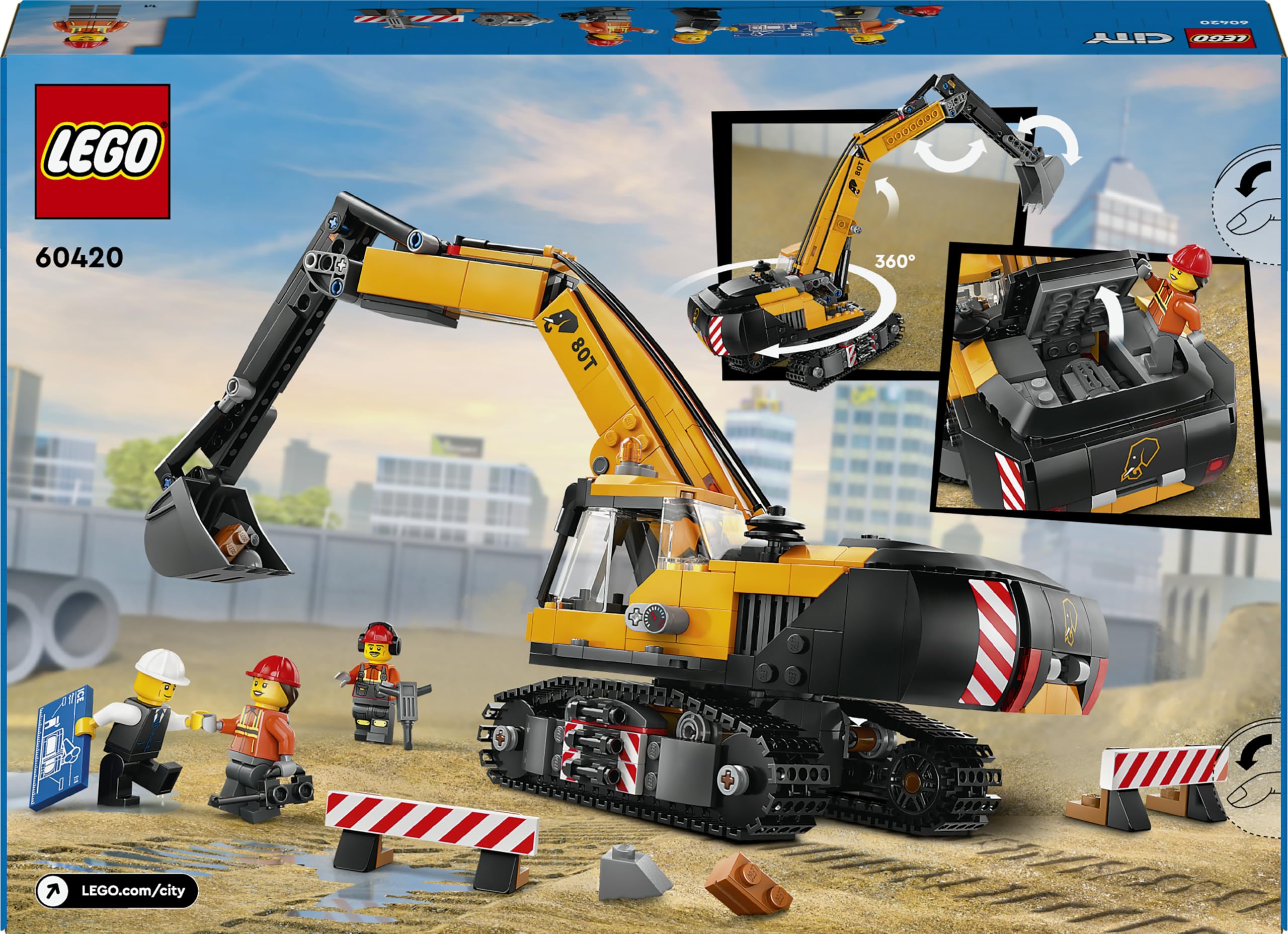 LEGO City Escavatore da Cantiere Giallo, Giochi Creativi per Bambini e Bambine da 8 Anni, Veicolo Giocattolo da Cantiere con Funzioni Reali e 3 Minifigure (Operaio, Operatore e Architetto) 60420
