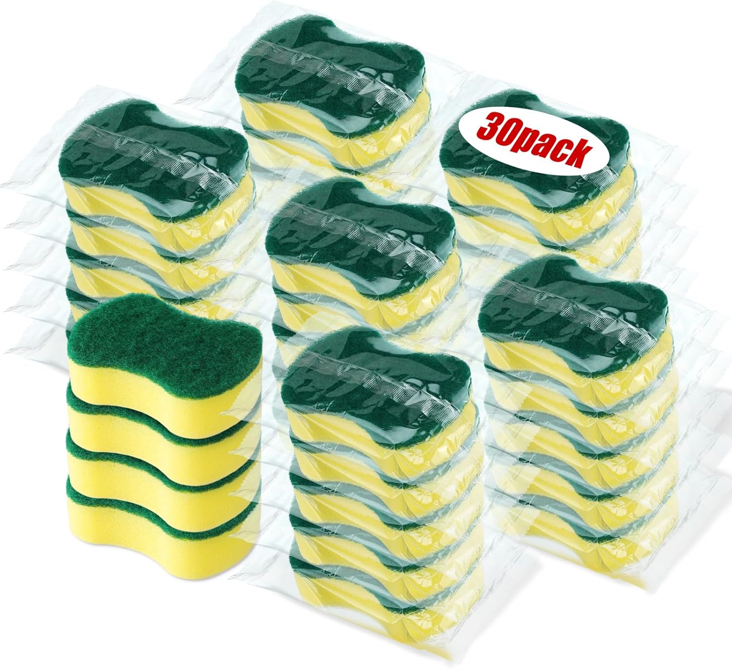 Tanlade 30 Pcs Individually Wrapped Sponges Kitchen Bulk Non Scratch Scouring Sponges for Dishes Household Cleaning Travel Apartments Hotel Car Yellow Green 30