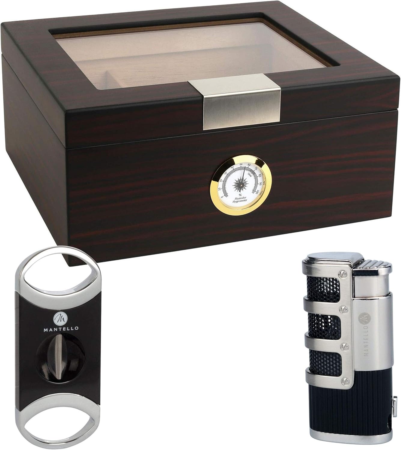 Mantello Ebony Glass Top Cigar Humidor Humidifier Box