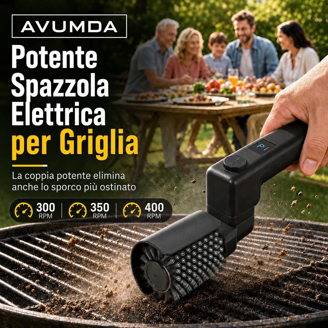 Spazzola Elettrica per Barbecue Senza Fili Angolo 270° Regolabile | 3 livelli pulizia, durata 90 min, impermeabile IPX7, testine acciaio inox e nylon, USB-C, grigliate e barbecue carbonella