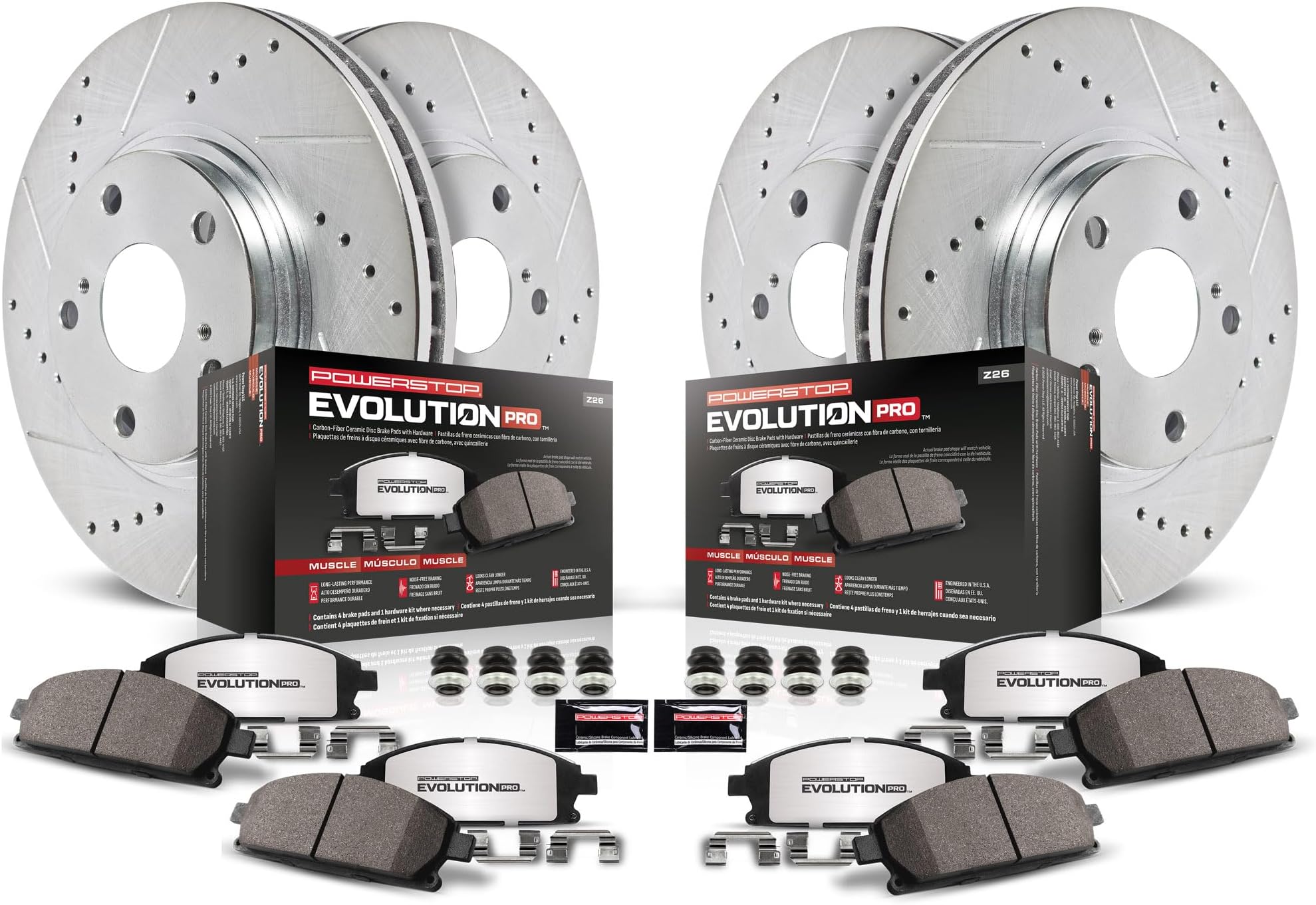 Front and Rear Brake Kit for Chrysler 300 2005-23 |Dodge Challenger 2009-23 |Charger 2006-23 - Carbon-Fiber Ceramic Z26 Brake Pads + Drilled & Slotted Rotors Upgrade, K2853-26
