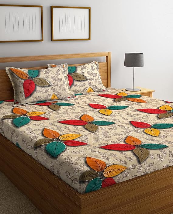 AMEYAA Presents 210 TC Glace Cotton All Around King Size Elastic Fitted Double Bedsheets with 2 Pillow Covers, Size 72