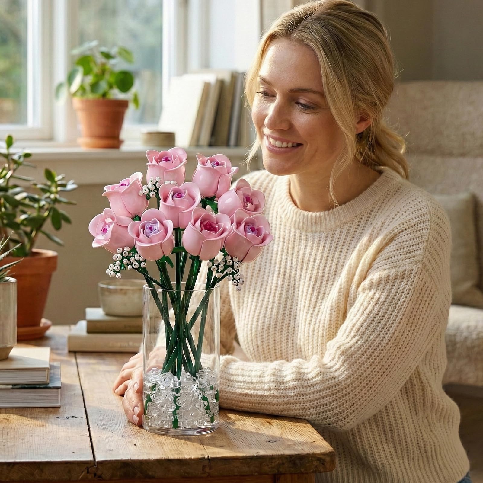 Rosa Rosen Blumenstrauß Klemmbausteine mit Schleierkraut, Künstliche Blumen Botanische Kollektion, Geschenk für Frauen zum Muttertag, Ästhetische Raumdeko