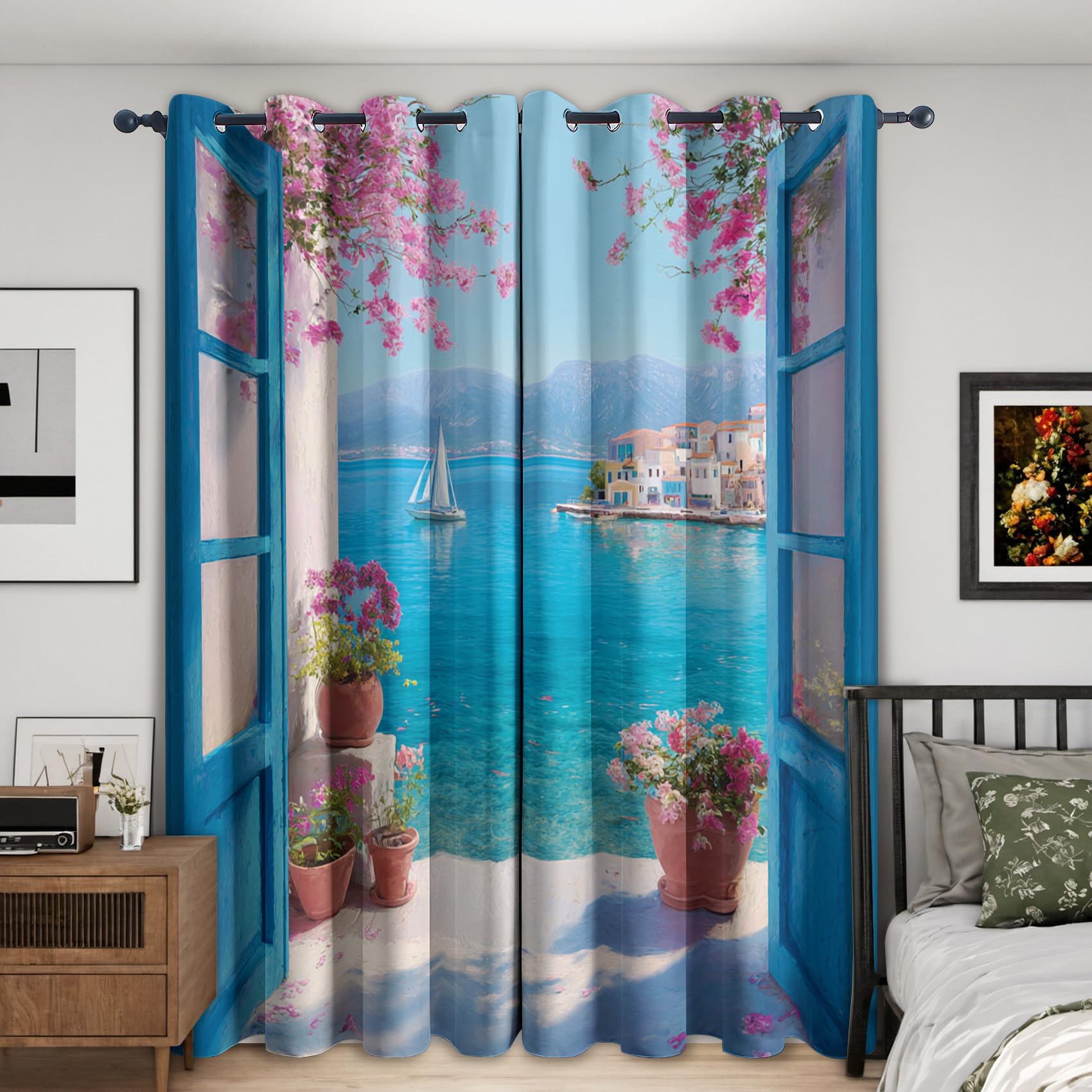 Meer Vorhänge Mit ösen Blickdicht, Ozean Maritim Landschaft Fenster Vorhang Schlafzimmer Wohnzimmer Küche 110 x 215 cm Lang, Übergardinen Innen Verdunklungsvorhänge