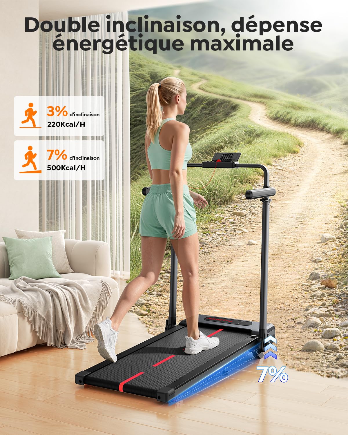 Tapis de Marche Pliable Inclinable à 7%, avec Barres de Soutien Sétractables. Tapis de Course Inclinable - Table Amovible, 1-12 km/h, Moteur Silencieux, Walking Pad Maison/Bureau (120kg Max)