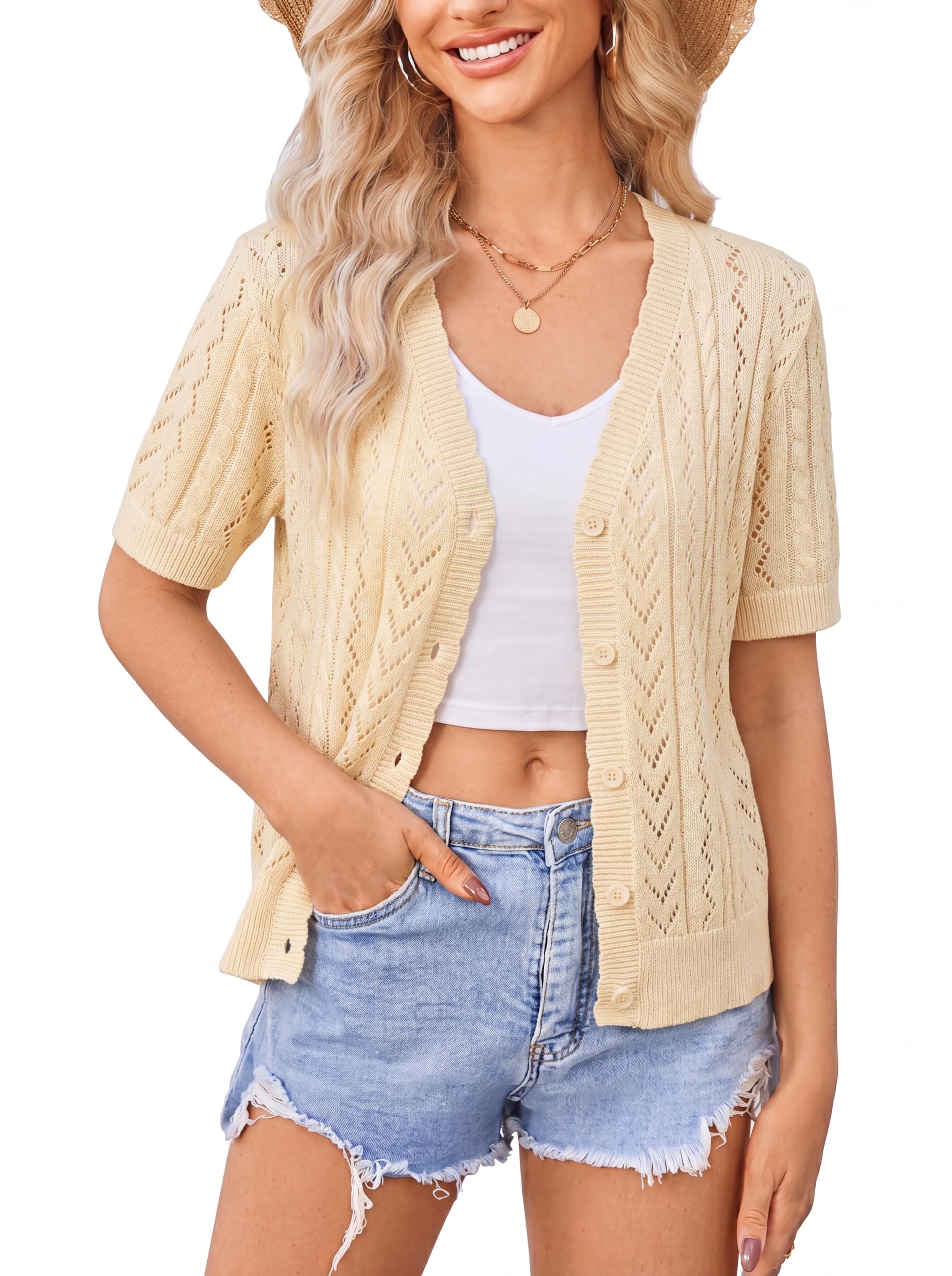 Newshows Cardigan da donna a maniche corte, estivo, leggero, all'uncinetto, scollo a V, bolero Shrugs Top per abito