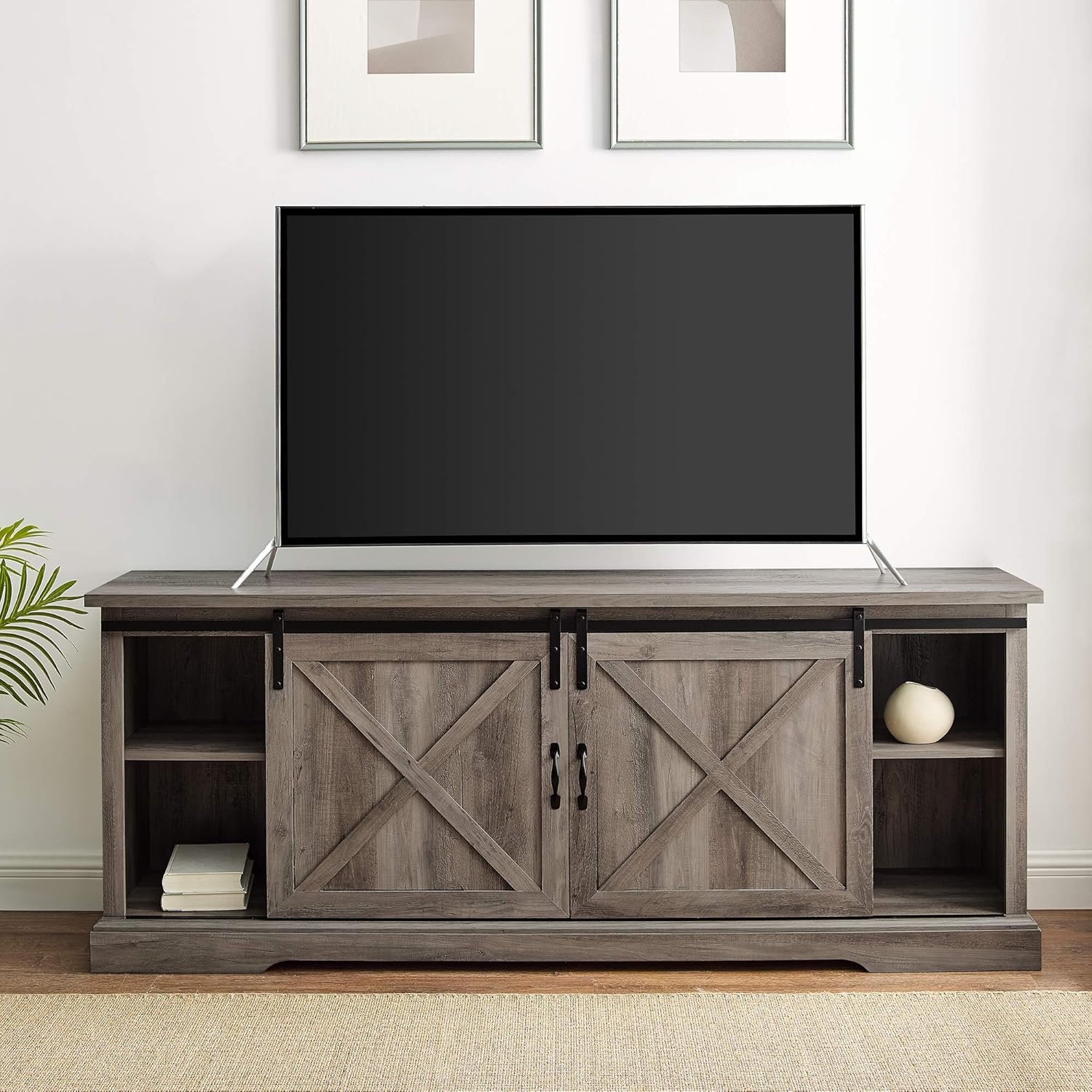 Walker Edison Nathaniel Modern Farmhouse Sliding X Barn Door TV Stand for TVs up to 80 Inches, 70 Inch, Grey Wash : Home & Kitchen