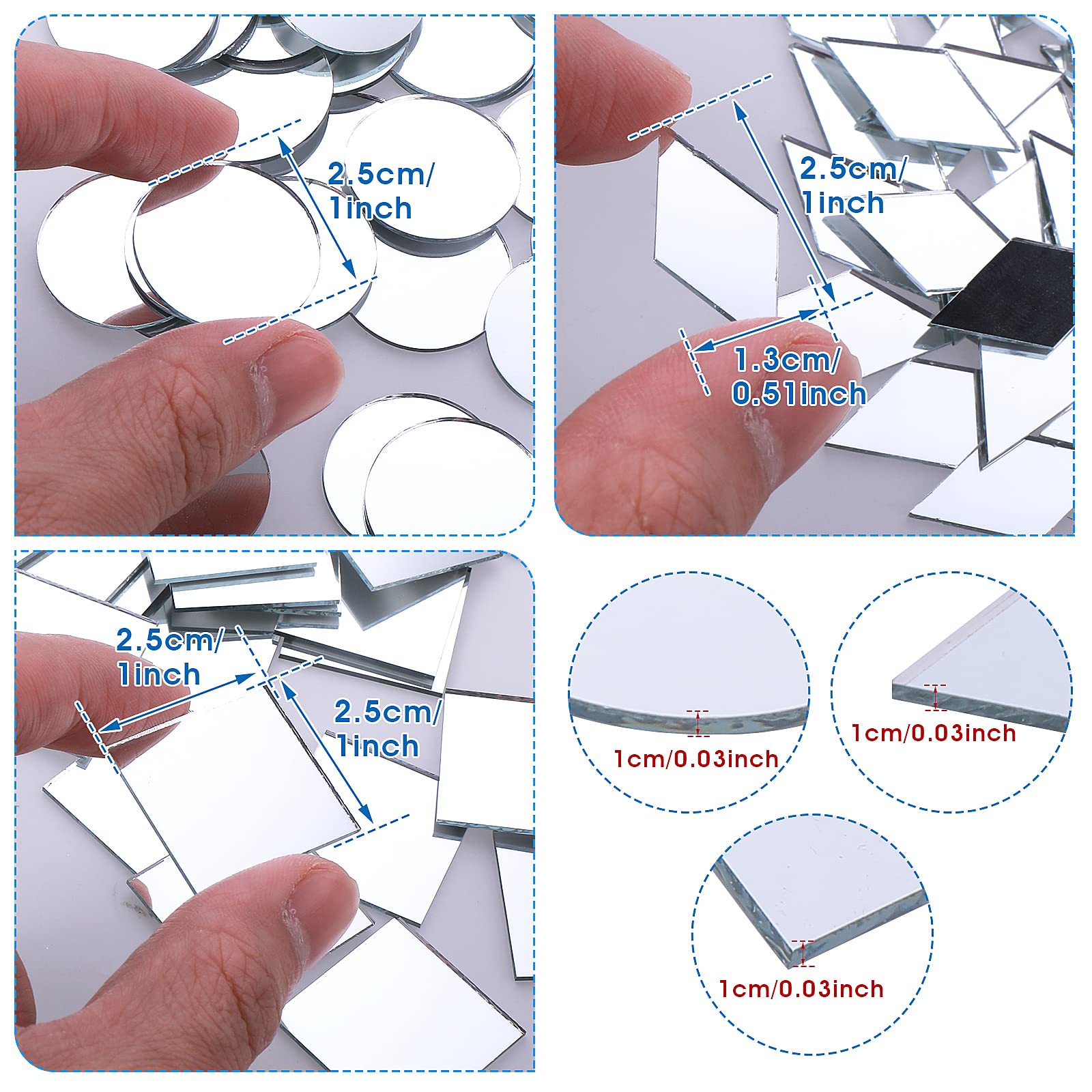 Prasacco 120 Pcs Small Mirrors for Crafts, 3 Shapes Mirror Pieces for Crafts, Square Diamond Round Craft Mirror DIY Mirror Mosaic Tiles for Disco Ball Lamp Framing Decoration